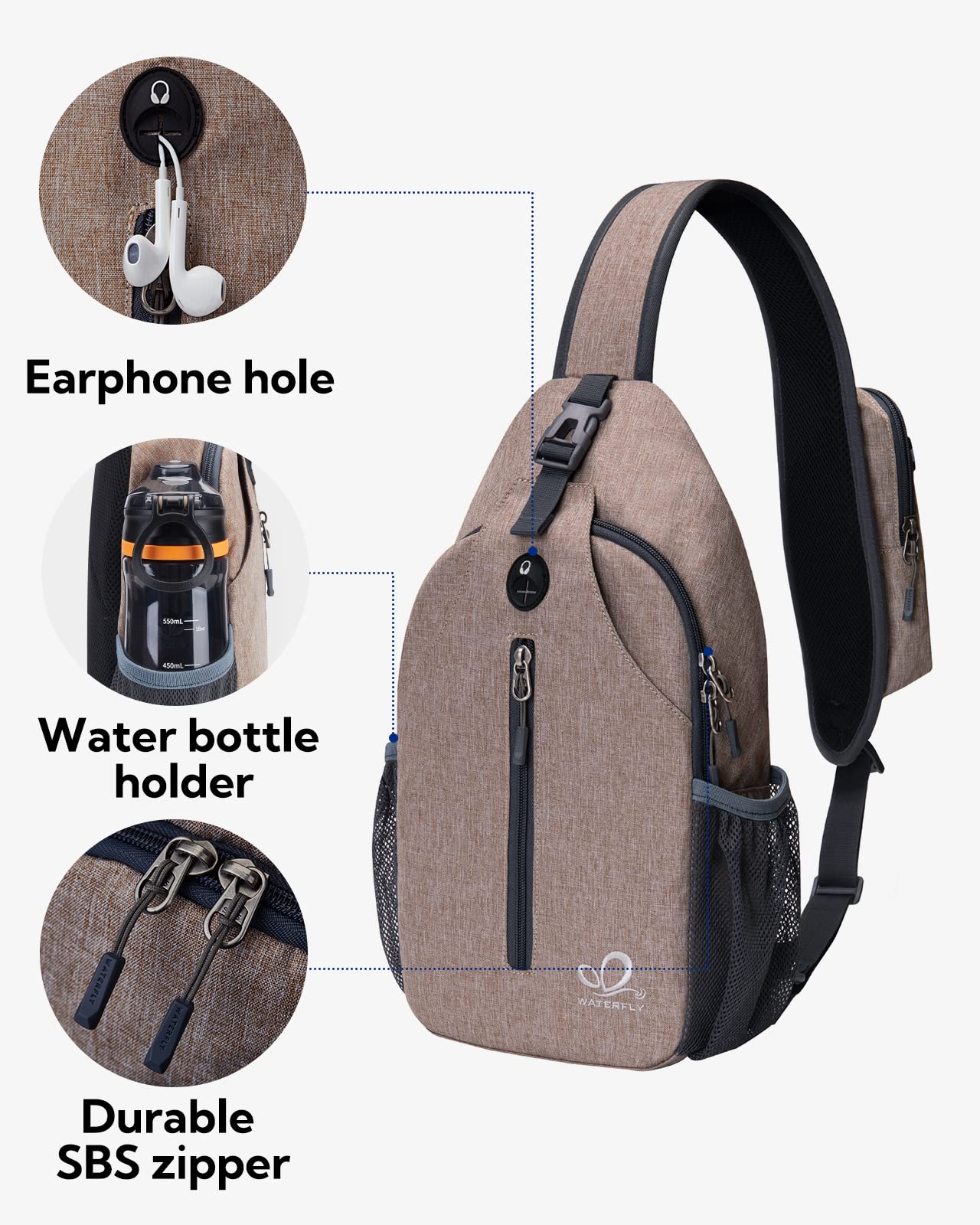WATERFLY Crossbody Sling Backpack Sling Bag Travel Hiking Chest Bag Daypack (Black)