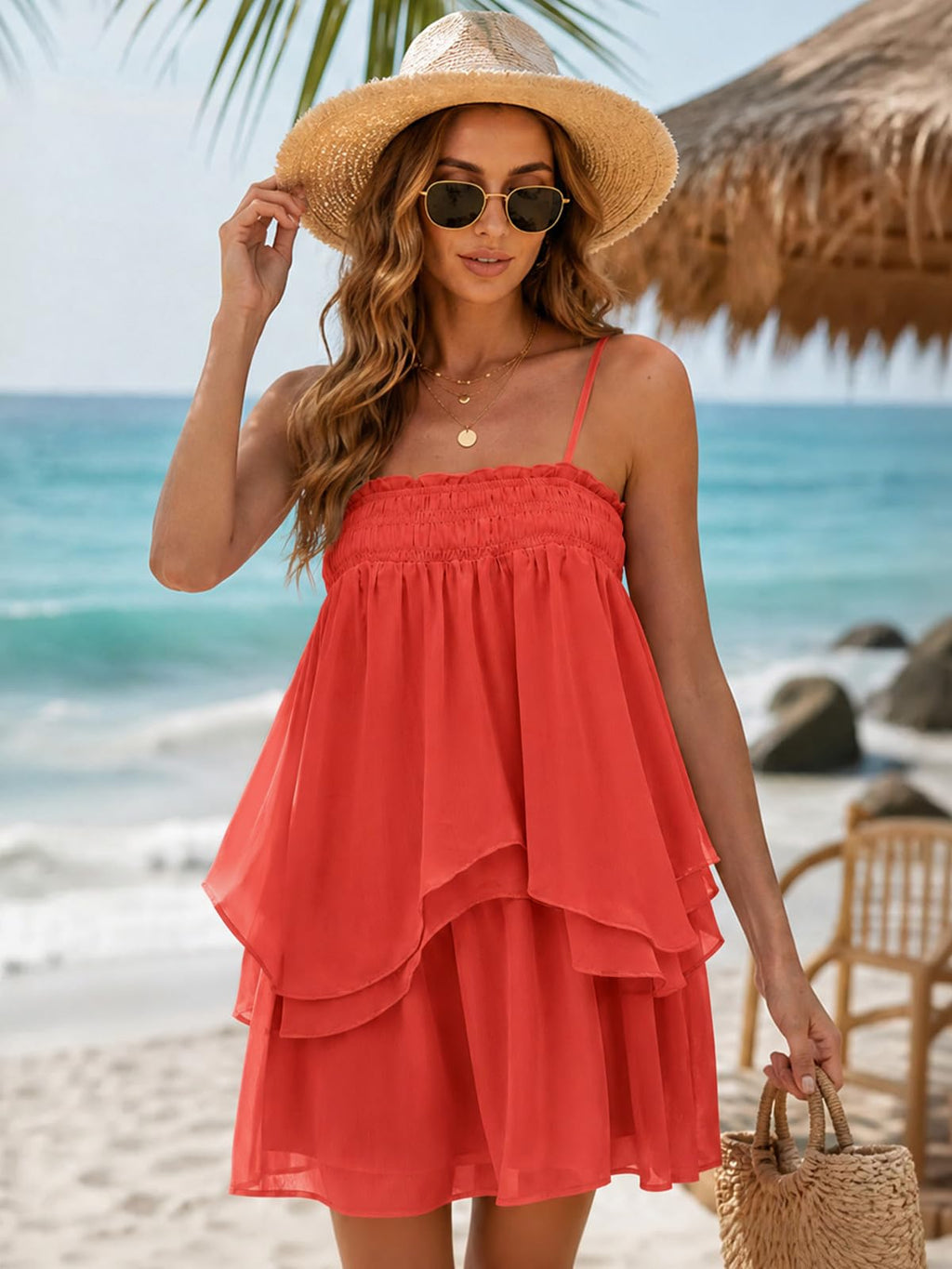 Wenrine Womens Summer Two Piece Skirt Sets Casual Smocked Cami Tops Mini Skirts Ruffle Tiered Flowy Vacation Set
