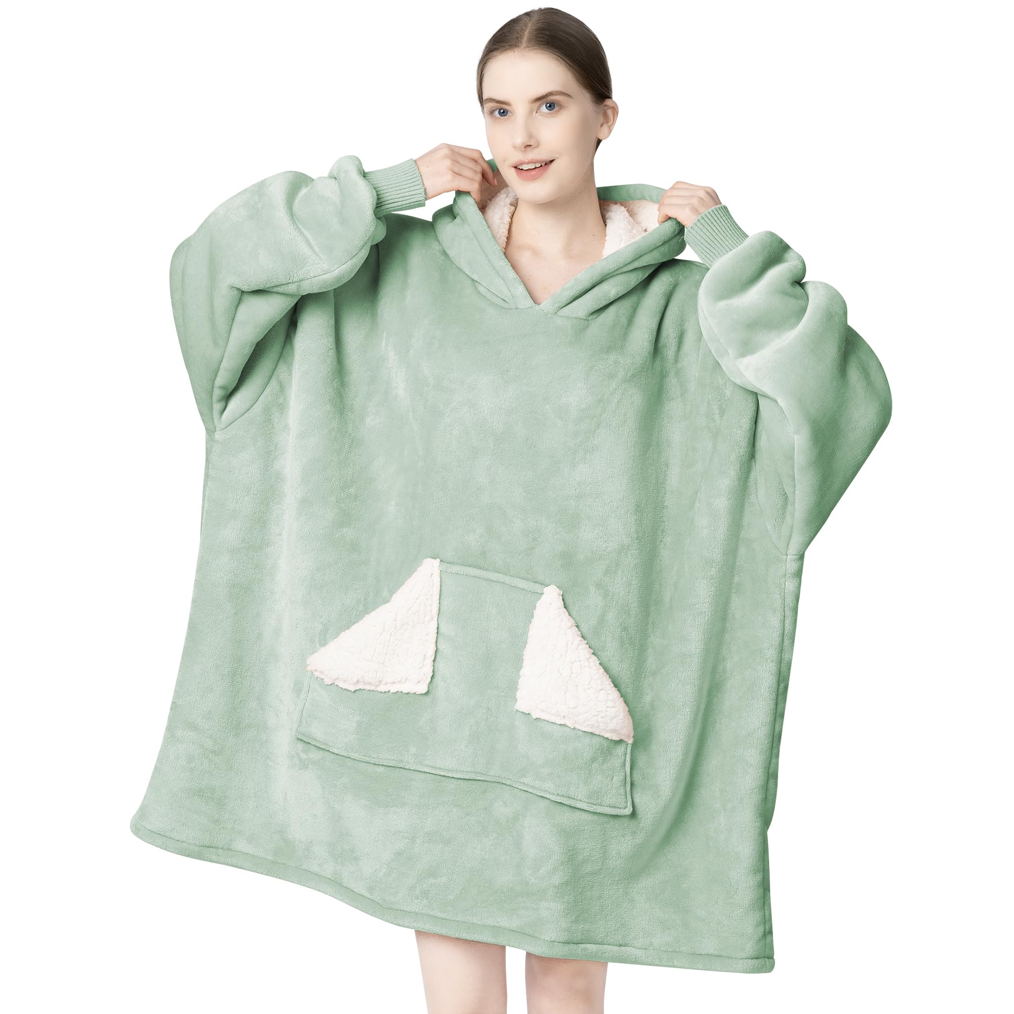 Touchat Wearable Blanket Hoodie, Oversized Sherpa Fleece Sweatshirt Blanket with Giant Hood Pocket and Sleeves for Adult, Warm & Cozy Grey Blanket Gifts for Women