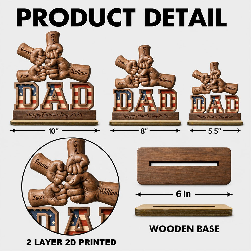 Personalized Fist Bump Dad and Kids Name Wooden Plaque, Custom Fathers Day Plaque for Dad Grandpa, Customized Sign Decorations for Daddy, Grandpa, Heartfelt Father's Day Birthday Gifts for Husband