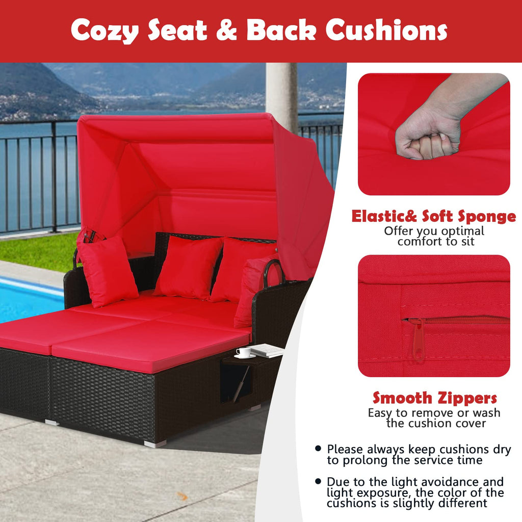 Tangkula Patio Rattan Daybed with Retractable Canopy, Outdoor Wicker Sunbed Lounger with 2 Foldable Side Tables, Thick Seat & Back Cushions, Outside Double Daybed for Garden, Backyard, Porch