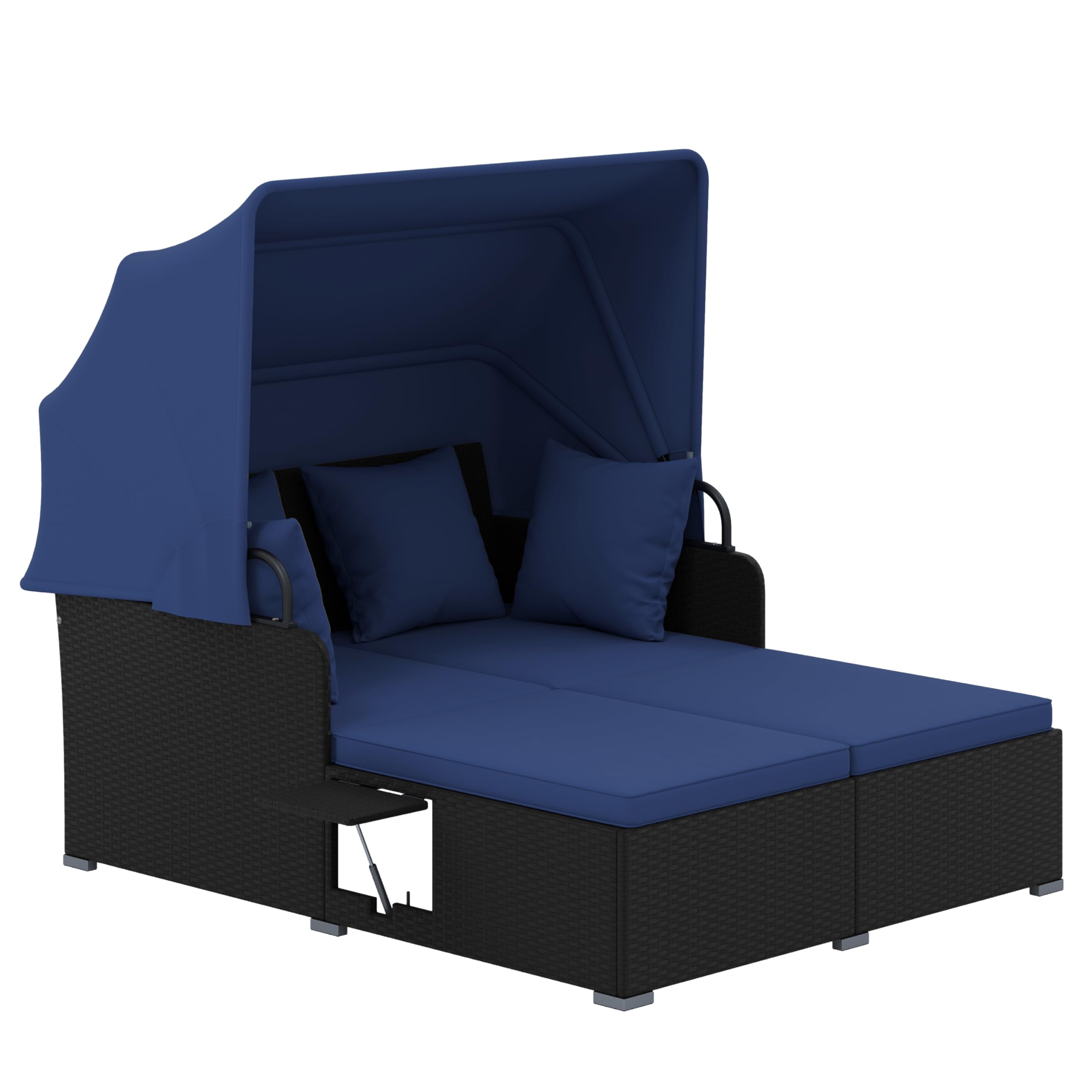 Tangkula Patio Rattan Daybed with Retractable Canopy, Outdoor Wicker Sunbed Lounger with 2 Foldable Side Tables, Thick Seat & Back Cushions, Outside Double Daybed for Garden, Backyard, Porch