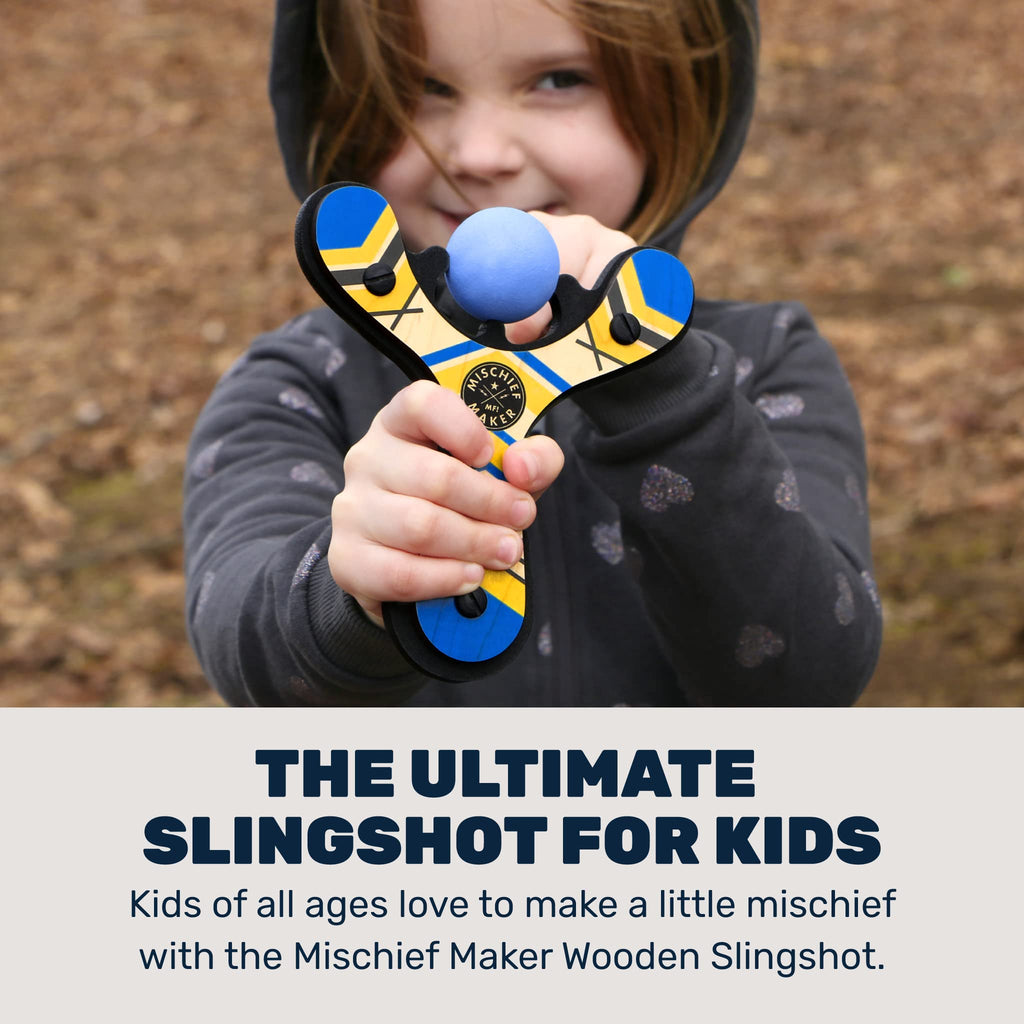 Mighty Fun! - Mischief Maker® Wooden Slingshot - Classic Series - Real Wood Slingshot for Kids, 4 Soft Foam Balls and Storage Bag - Ages 4+ (red)