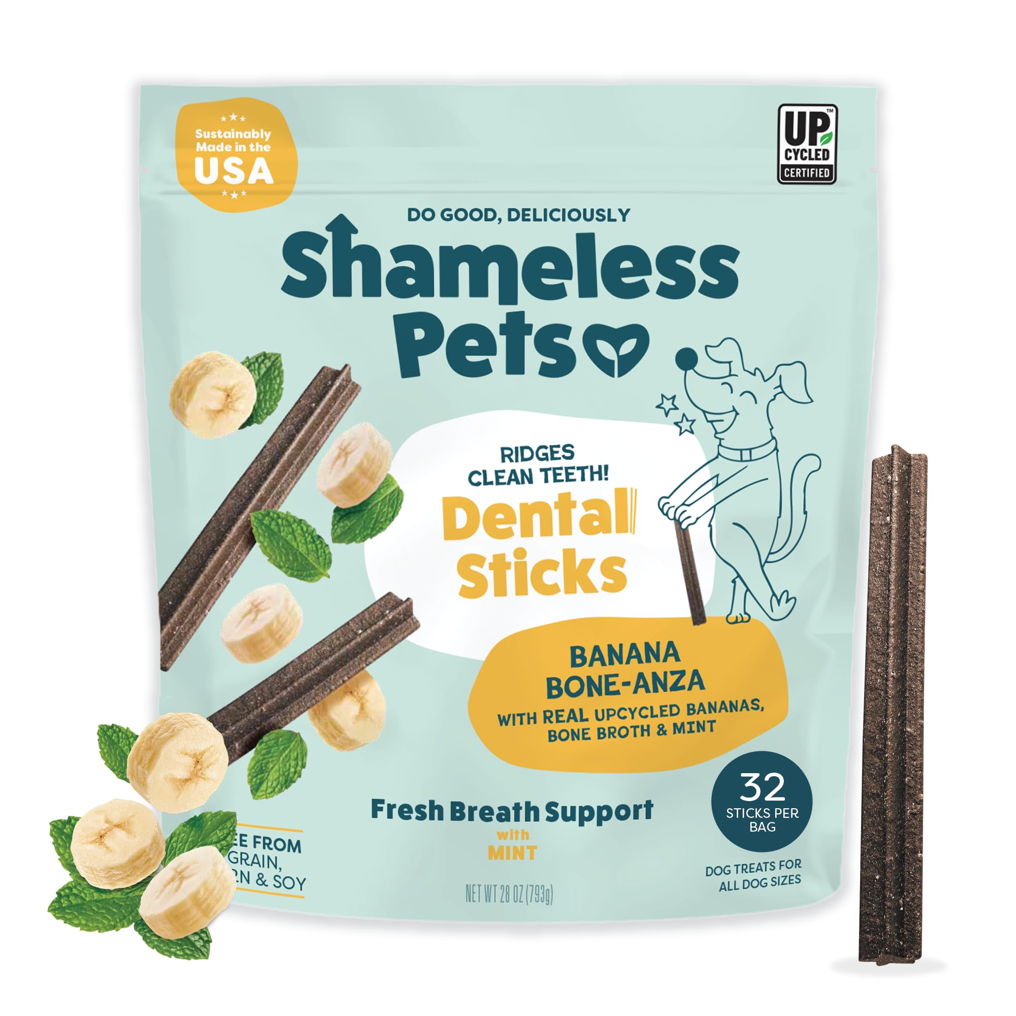 Shameless Pets Blueberry & Mint Dental Chews for Dogs, 8 Chews - Natural Dog Teeth Cleaning Treats with Fresh Breath Benefits | Grain-Free Dental Sticks for Small, Medium & Large Dogs