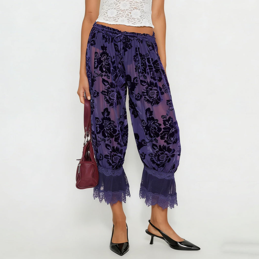 Women Lace Trim Long Bloomers Y2k Elastic Mid Rise Floral Ruffle Pantaloons Flared Slips Pants Pajama Bottoms
