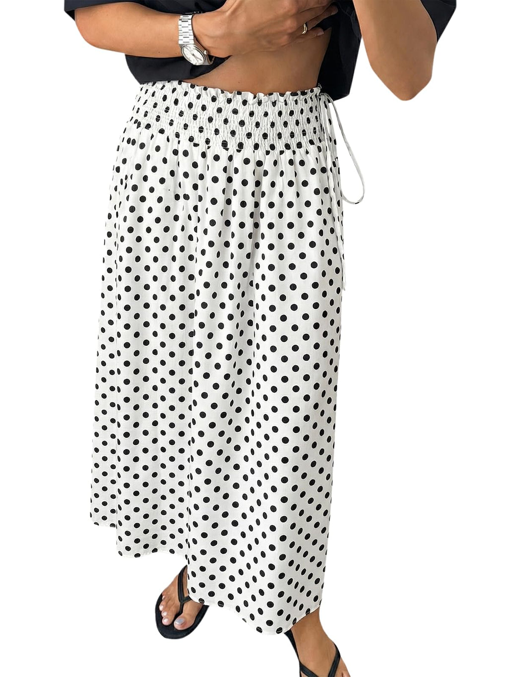 Tankaneo Womens Polka Dot Maxi Skirts Boho Smocked High Waisted Tie Skirt Casual Beach Vacation Dress