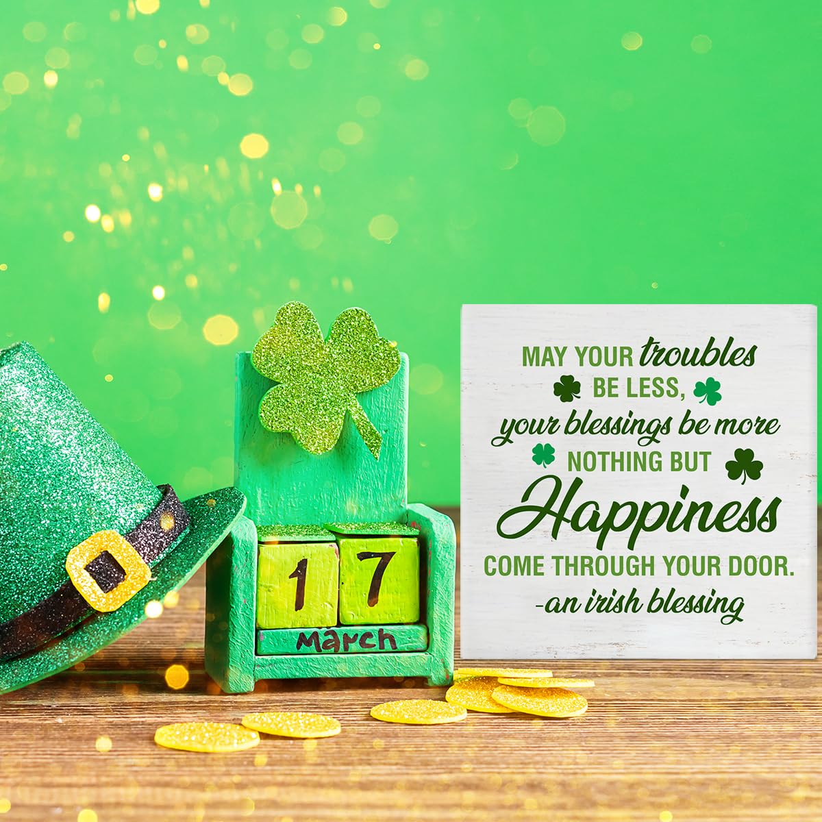 Dumyum St. Patrick's Day Decorative Sign, Wooden, 5 Inches x 5 Inches, Green, Rustic, Tabletop or Wall Mount