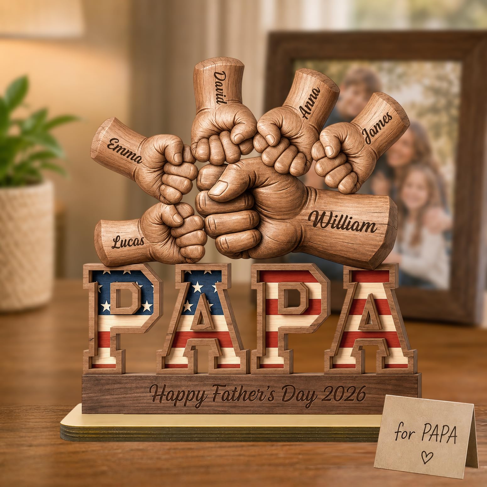 Personalized Fist Bump Dad and Kids Name Wooden Plaque, Custom Fathers Day Plaque for Dad Grandpa, Customized Sign Decorations for Daddy, Grandpa, Heartfelt Father's Day Birthday Gifts for Husband