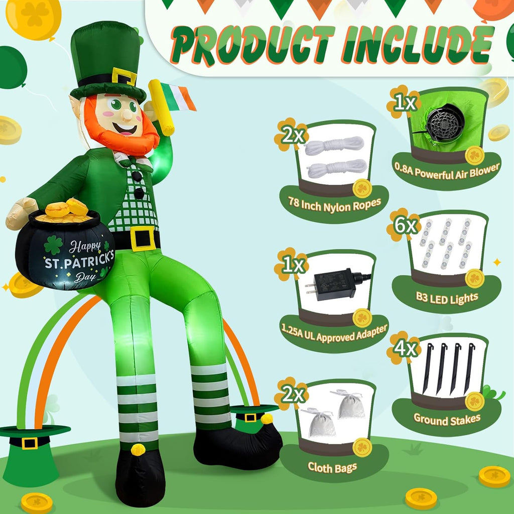OurWarm 8FT St. Patrick's Day Inflatable Decorations Outdoor, Sitting Leprechaun Inflatable Yard Decorations with LED Lights, Blow Up Leprechaun Decoration for Roof Yard Lawn Holiday Decorations