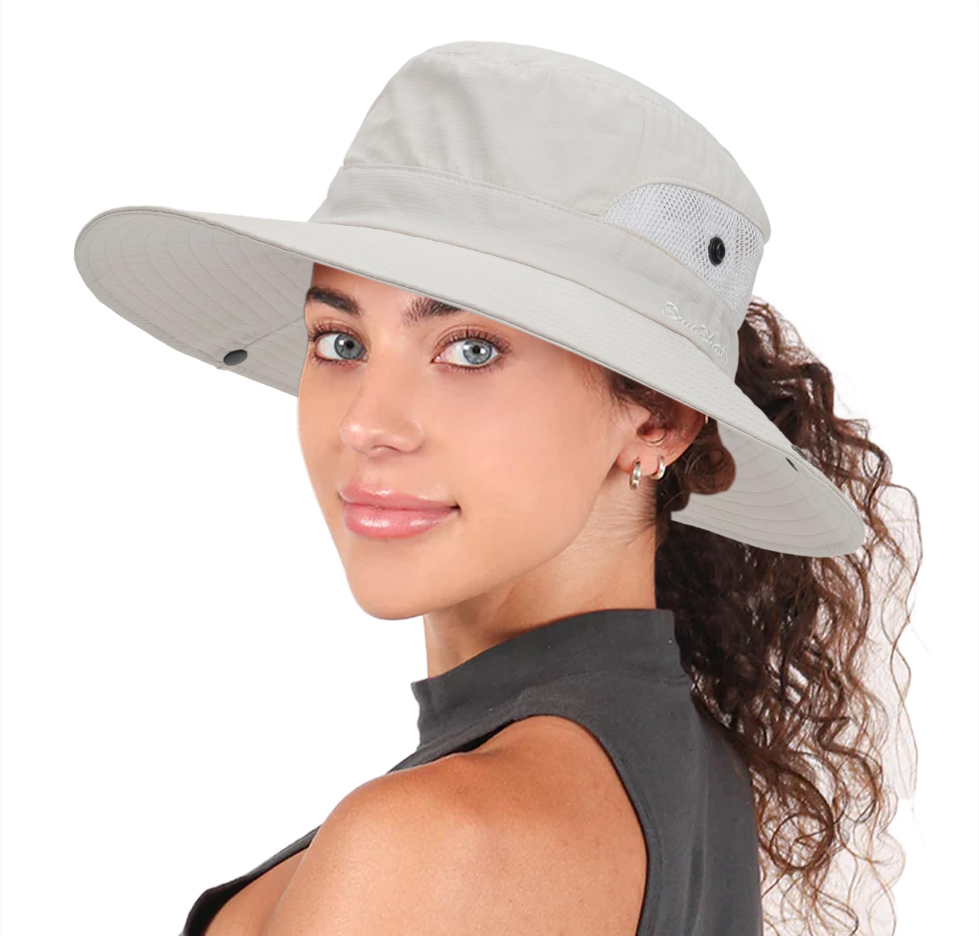 Womens Summer Sun Hat Beach Hat Wide Brim Outdoor UV Protection Hat Packable Mesh Bucket Hat with Ponytail Hole