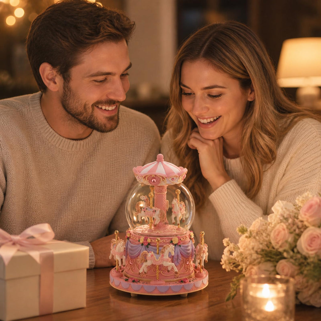 Blue Carousel Snow Globe Music Box with LED Lights, Rotating Horse Merry Go Round, Wind Up Musical Snow Globe Plays You are My Sunshine, Gift for Daughter Granddaughter Mom Women
