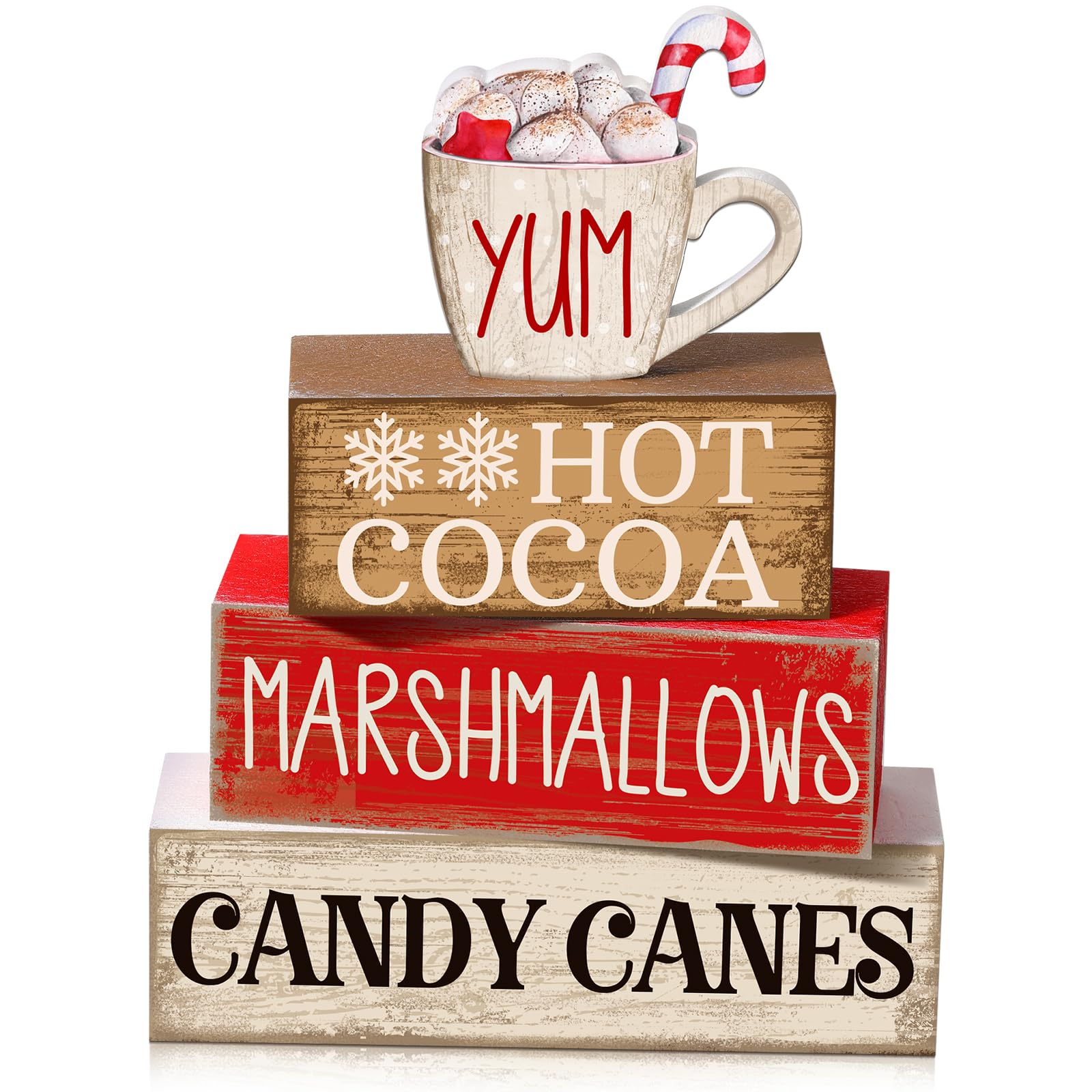 Moucuny 4 Pcs Christmas Table Decor Wooden Hot Cocoa Decoration Christmas Centerpiece Winter Tiered Tray Decor Decorative Red Hot Cocoa Block Signs Gift Farmhouse Xmas Decoration for Home Kitchen