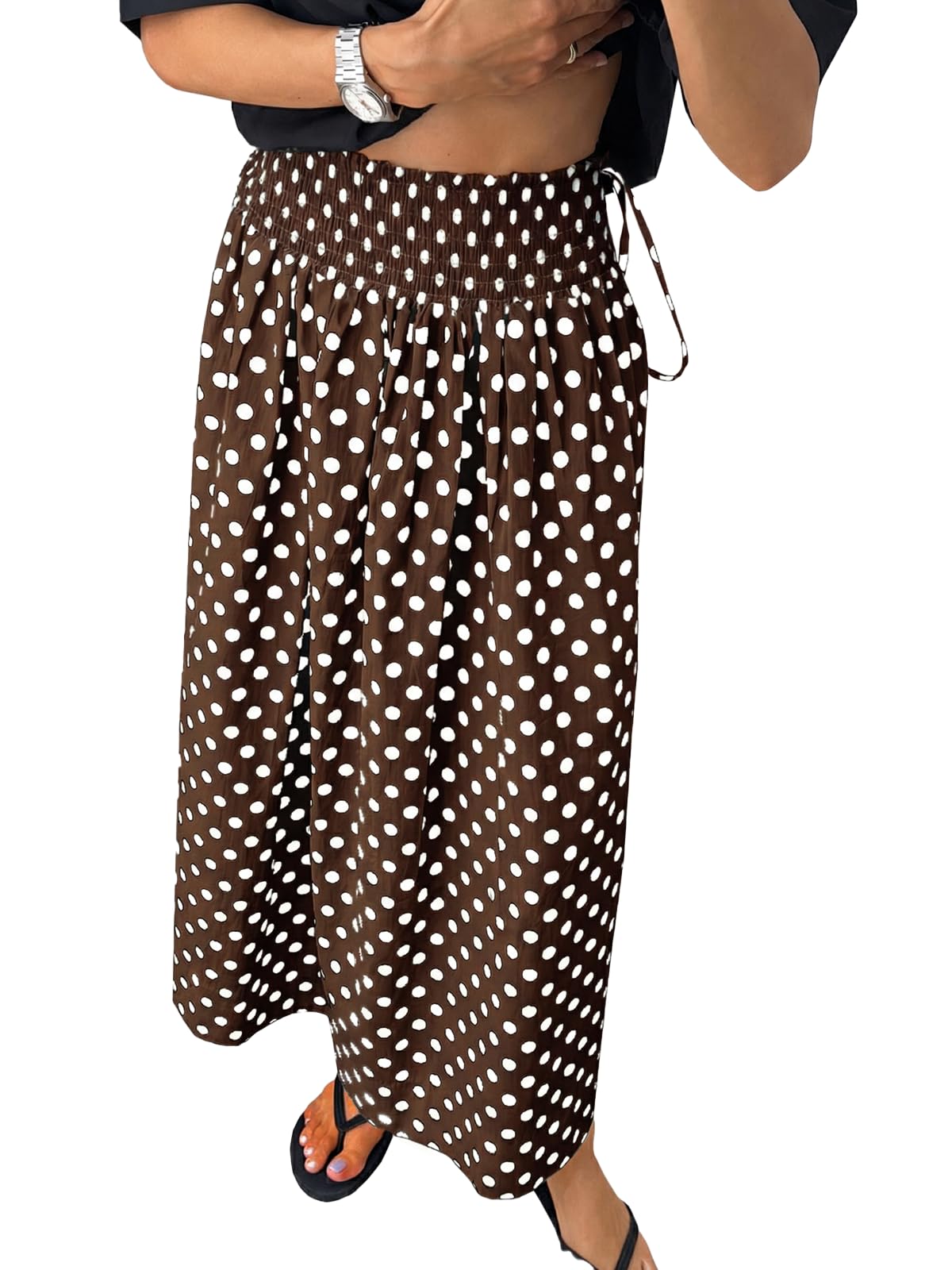 Tankaneo Womens Polka Dot Maxi Skirts Boho Smocked High Waisted Tie Skirt Casual Beach Vacation Dress