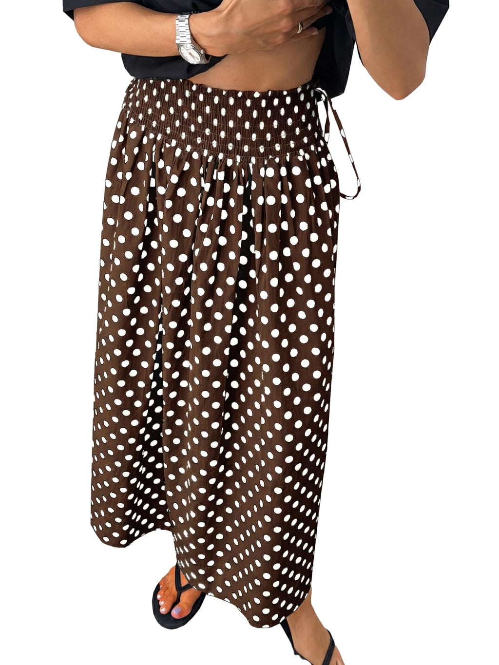Tankaneo Womens Polka Dot Maxi Skirts Boho Smocked High Waisted Tie Skirt Casual Beach Vacation Dress