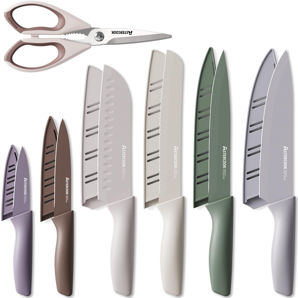 Astercook Knife Set, 13 Pieces Kitchen Knives Set with Healthy Anti-Rust Coating, Dishwasher Safe, Stainless Steel Chef Knife Sets with 6 Blade Guards, Fathers Day Gift for Men