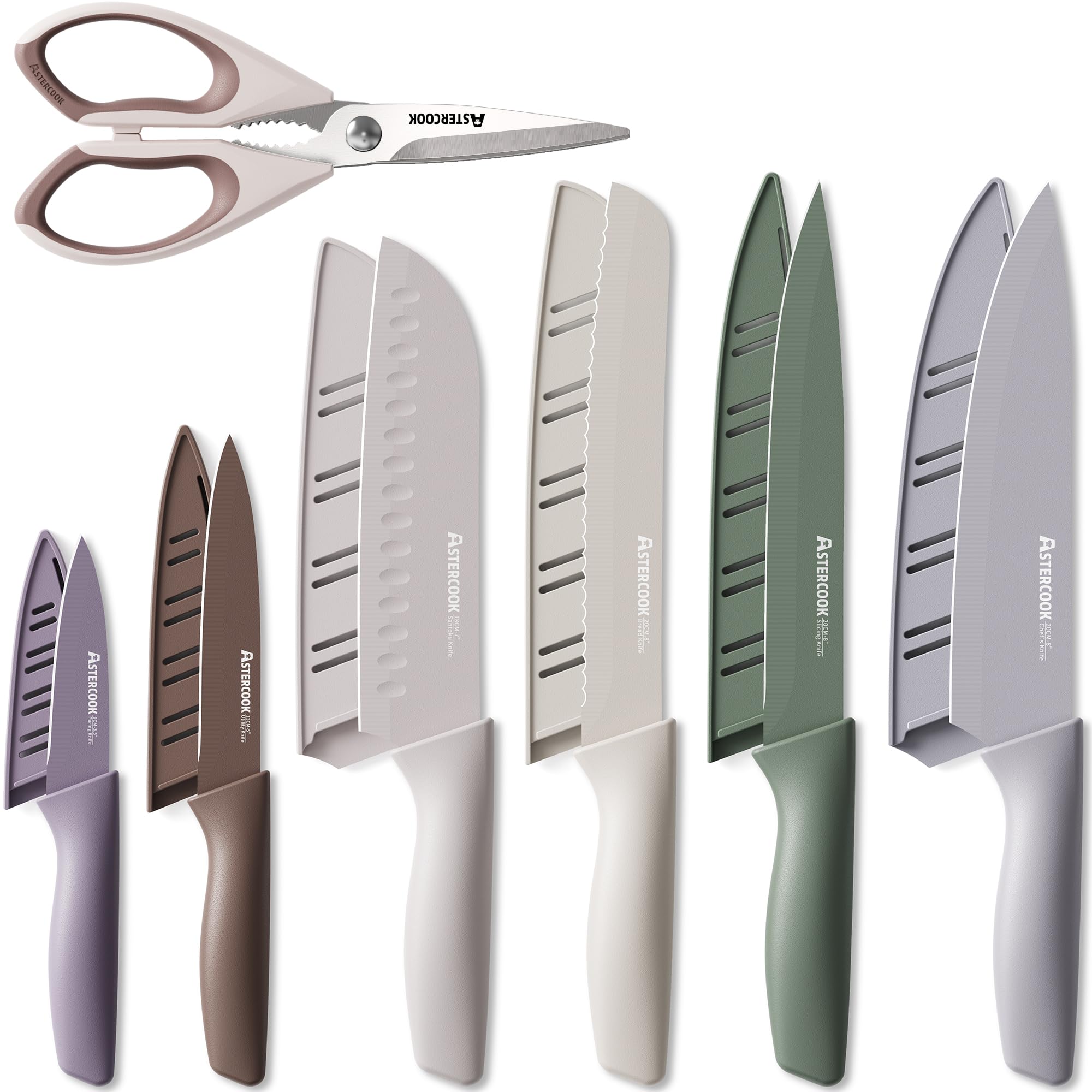 Astercook Knife Set, 13 Pieces Kitchen Knives Set with Healthy Anti-Rust Coating, Dishwasher Safe, Stainless Steel Chef Knife Sets with 6 Blade Guards, Fathers Day Gift for Men