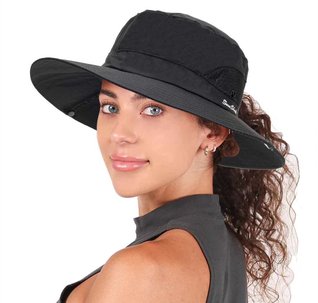Womens Summer Sun Hat Beach Hat Wide Brim Outdoor UV Protection Hat Packable Mesh Bucket Hat with Ponytail Hole