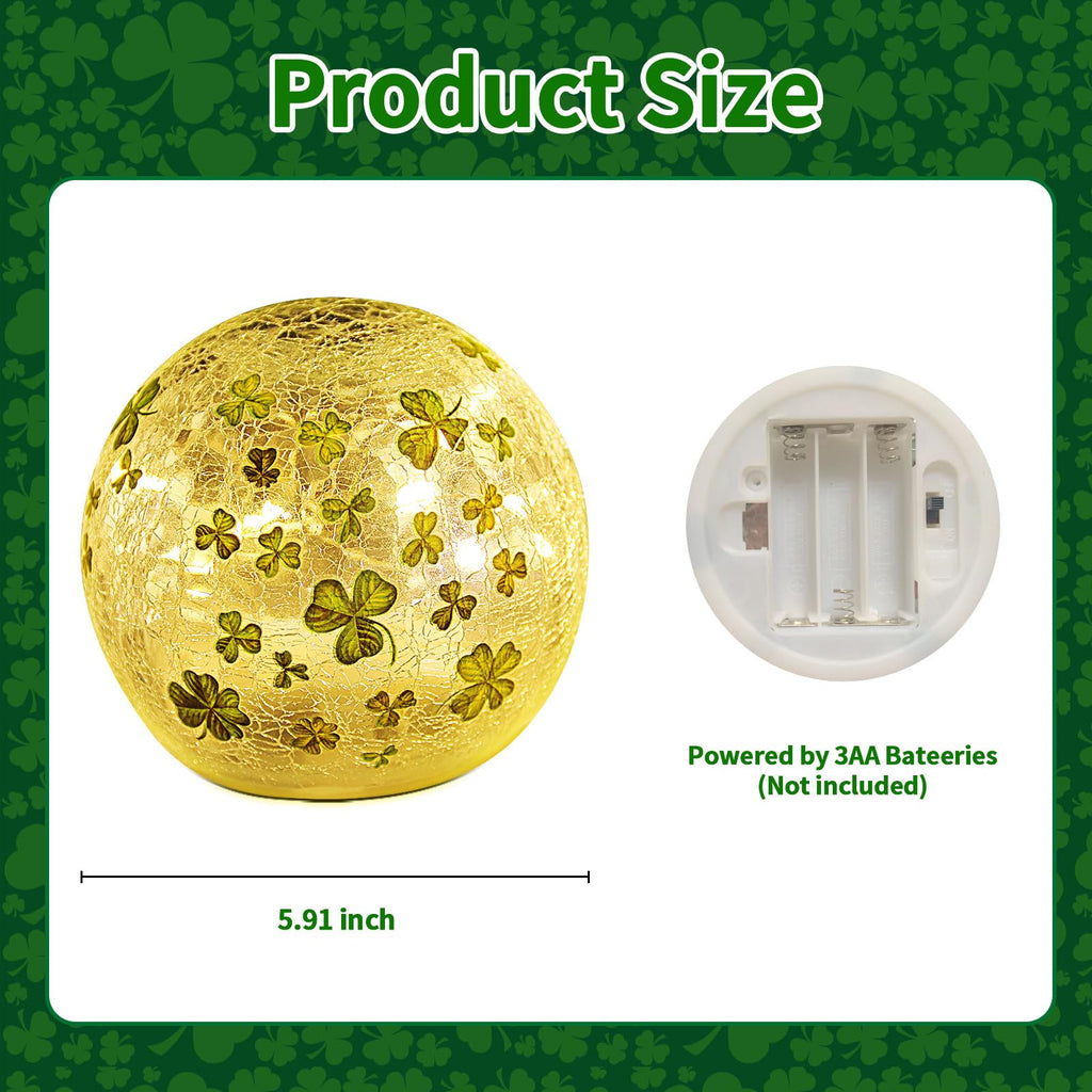St Patricks Day Decorations Lights, Lighted Glass Ball Tabletop Irish Decor LED Night Light with Clover Pattern,Irish DIecorations for Home (2PCS3.93'')
