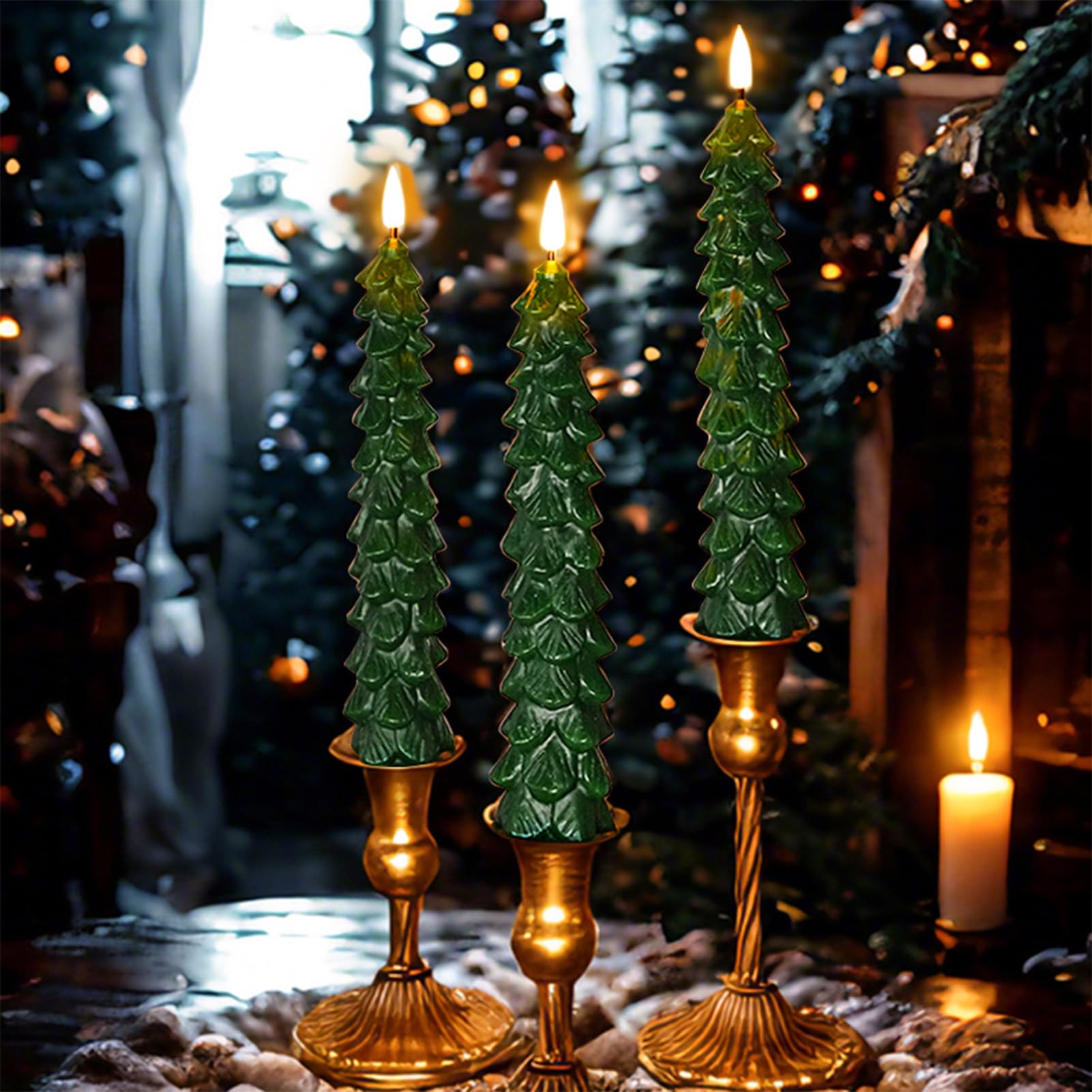 FPOO Christmas Decorations Indoor, 3 PCS Waxy Christmas Tree Candles with Remote Timer, Battery LED Candlesticks for Window, Table Centerpiece, Xmas Decor, Gift (7.5 inches)