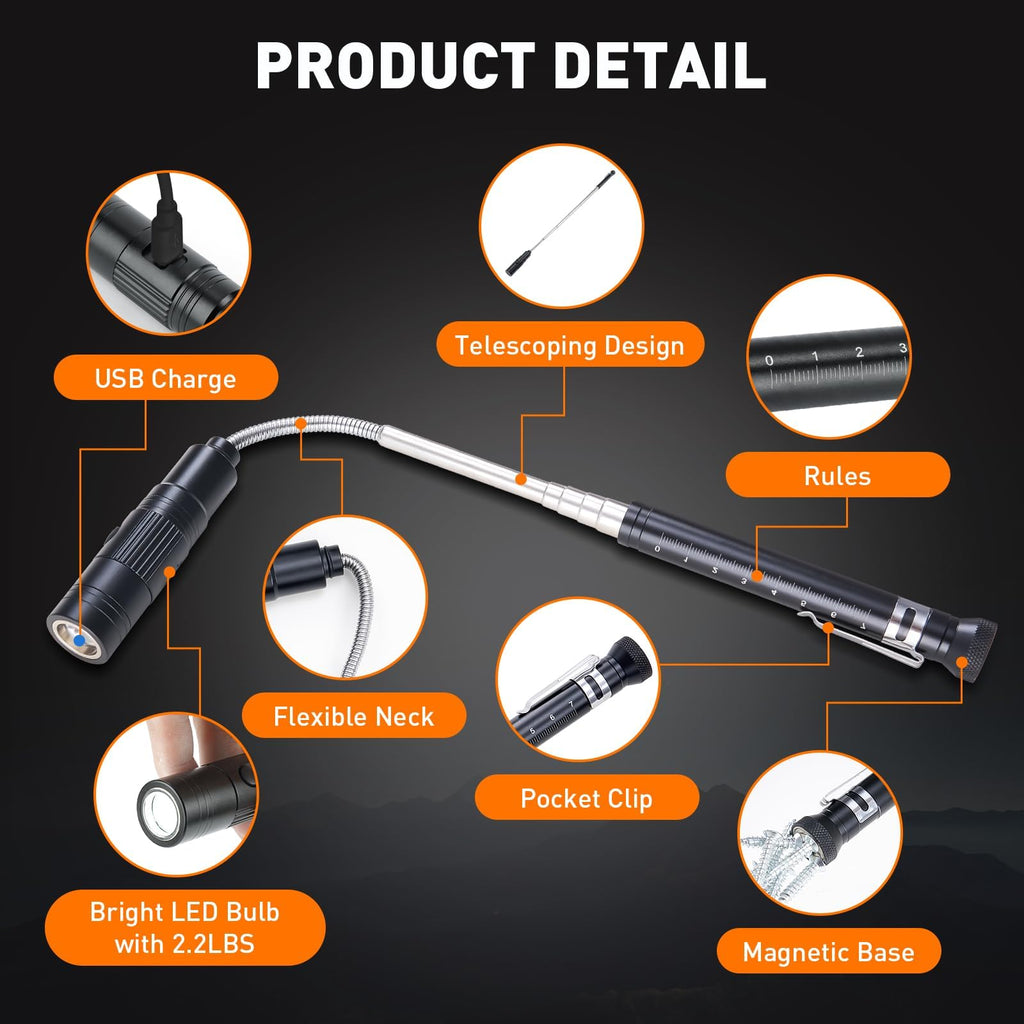 Telescoping Magnetic Pickup Tool Set with 1 & 15 lb Pick Up Sticks, Round and Square Adjustable Inspection Mirror and Flexible LED Flashlight, Fathers Day Dad Gifts for Men, Dad, Husband