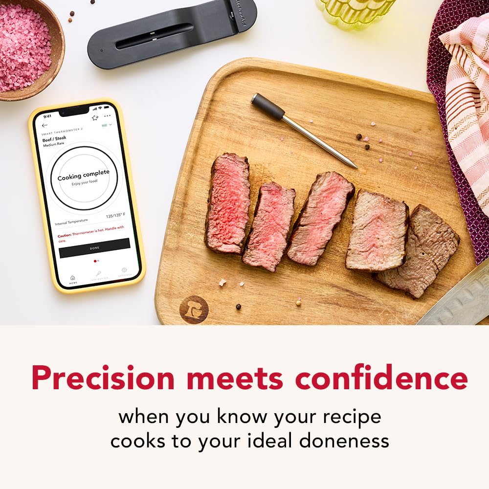 KitchenAid Smart Wireless Rechargeable Meat Thermometer | Waterproof, Soak 6 Hours, Dishwasher-Safe | Long Range Bluetooth® Connectivity| BBQ, Grill, Oven, Smoker, Air Fryer, Kitchen