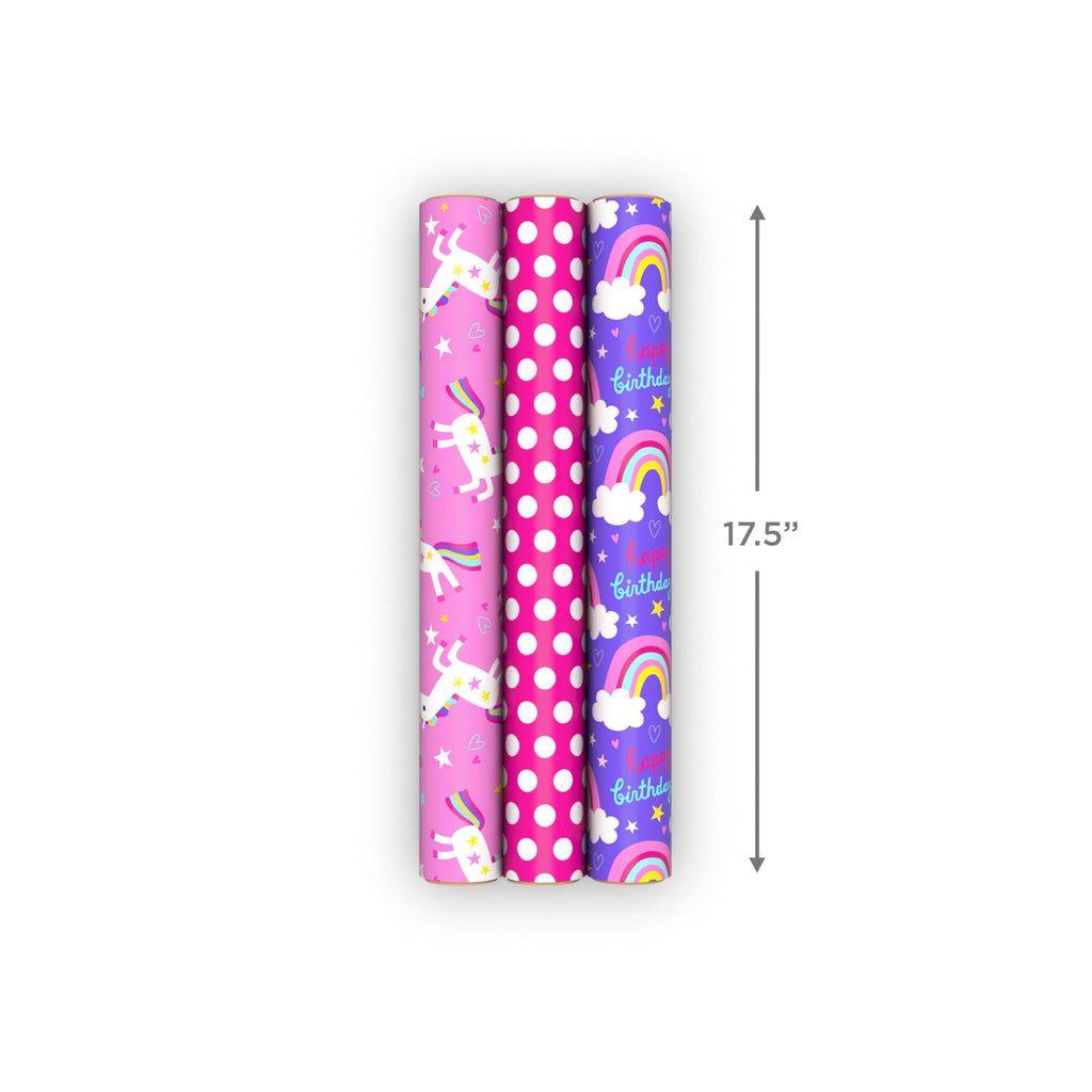 Hallmark Kids Birthday Wrapping Paper Mini Rolls, 3-Pack (Unicorns, Rainbows on Purple, Pink with White Polka Dots) for Birthday Parties, Easter, Baby Showers, Any Occasion - 60 Sq. Ft. Total