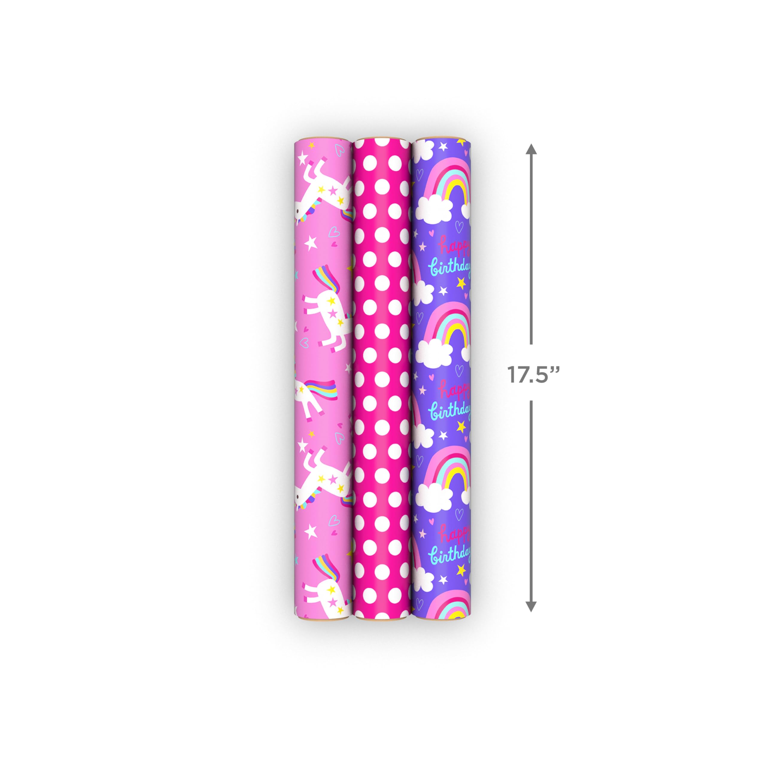 Hallmark Kids Birthday Wrapping Paper Mini Rolls, 3-Pack (Unicorns, Rainbows on Purple, Pink with White Polka Dots) for Birthday Parties, Easter, Baby Showers, Any Occasion - 60 Sq. Ft. Total