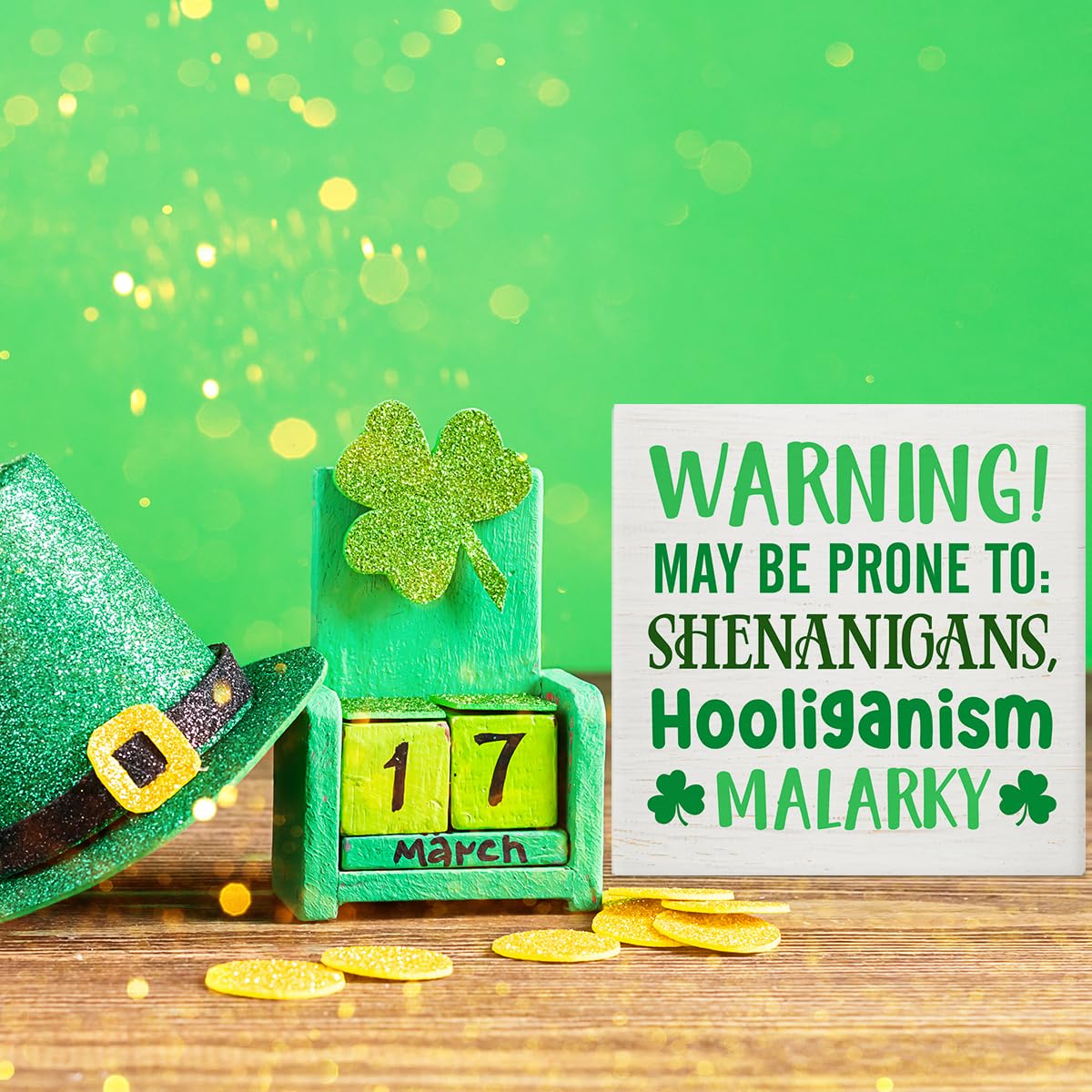 Dumyum St. Patrick's Day Decorative Sign, Wooden, 5 Inches x 5 Inches, Green, Rustic, Tabletop or Wall Mount