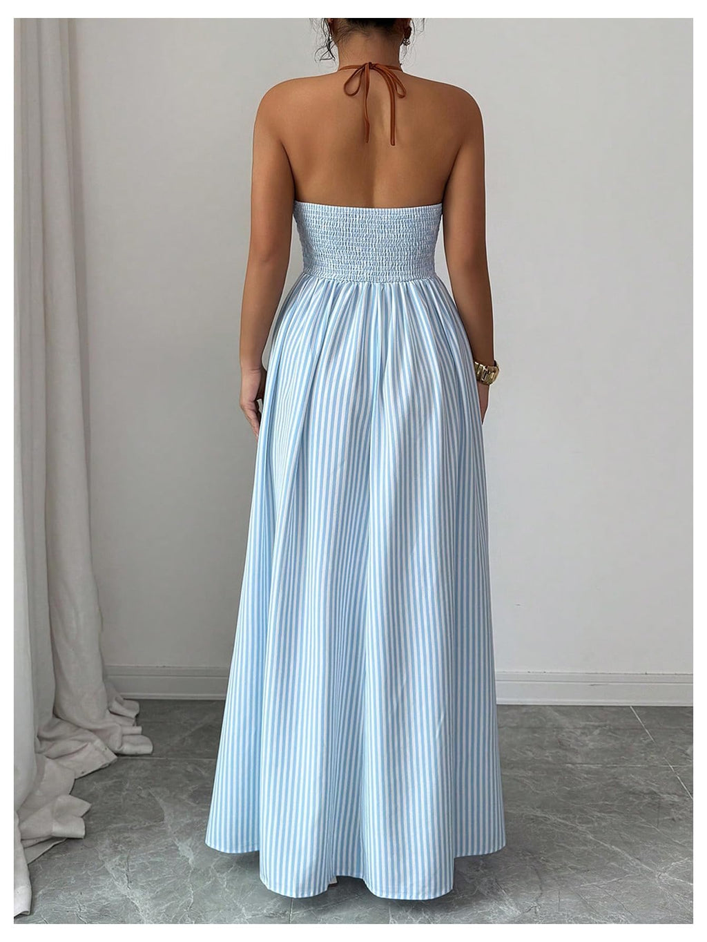 Floerns Women's Striped Halter Maxi Dress Backless Smocked Beach Vacation Boho Dress