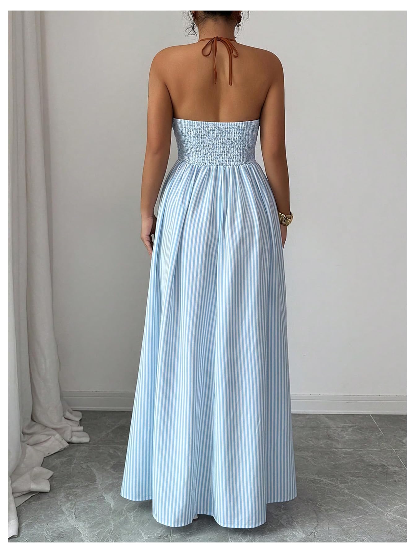 Floerns Women's Striped Halter Maxi Dress Backless Smocked Beach Vacation Boho Dress