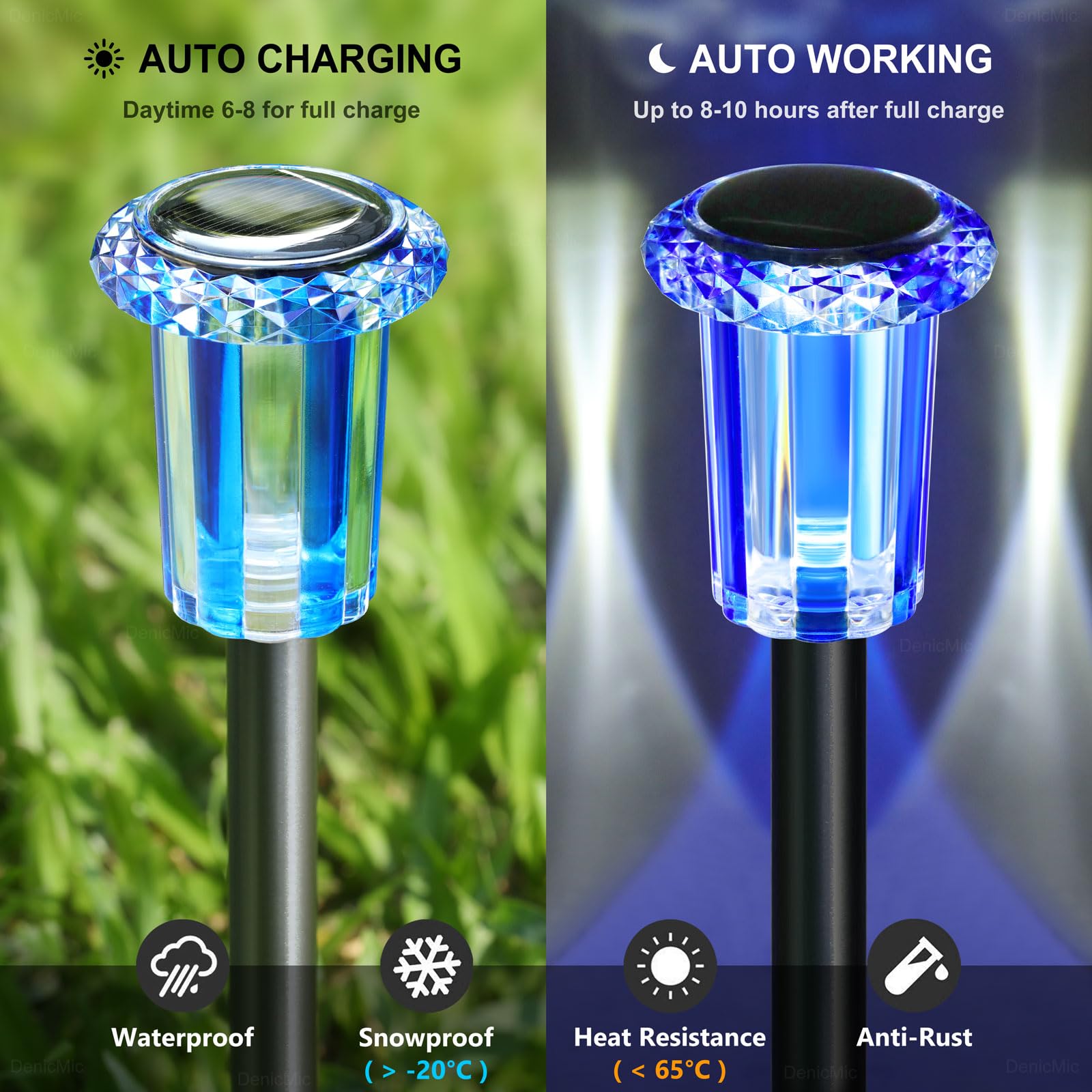 DenicMic Solar Lights Outdoor 10 Pack Waterproof 6000K Cold White LED Stainless Steel Stake Outside Lights for Yard Pathway Garden Driveway Walkway Landscape Path Lighting
