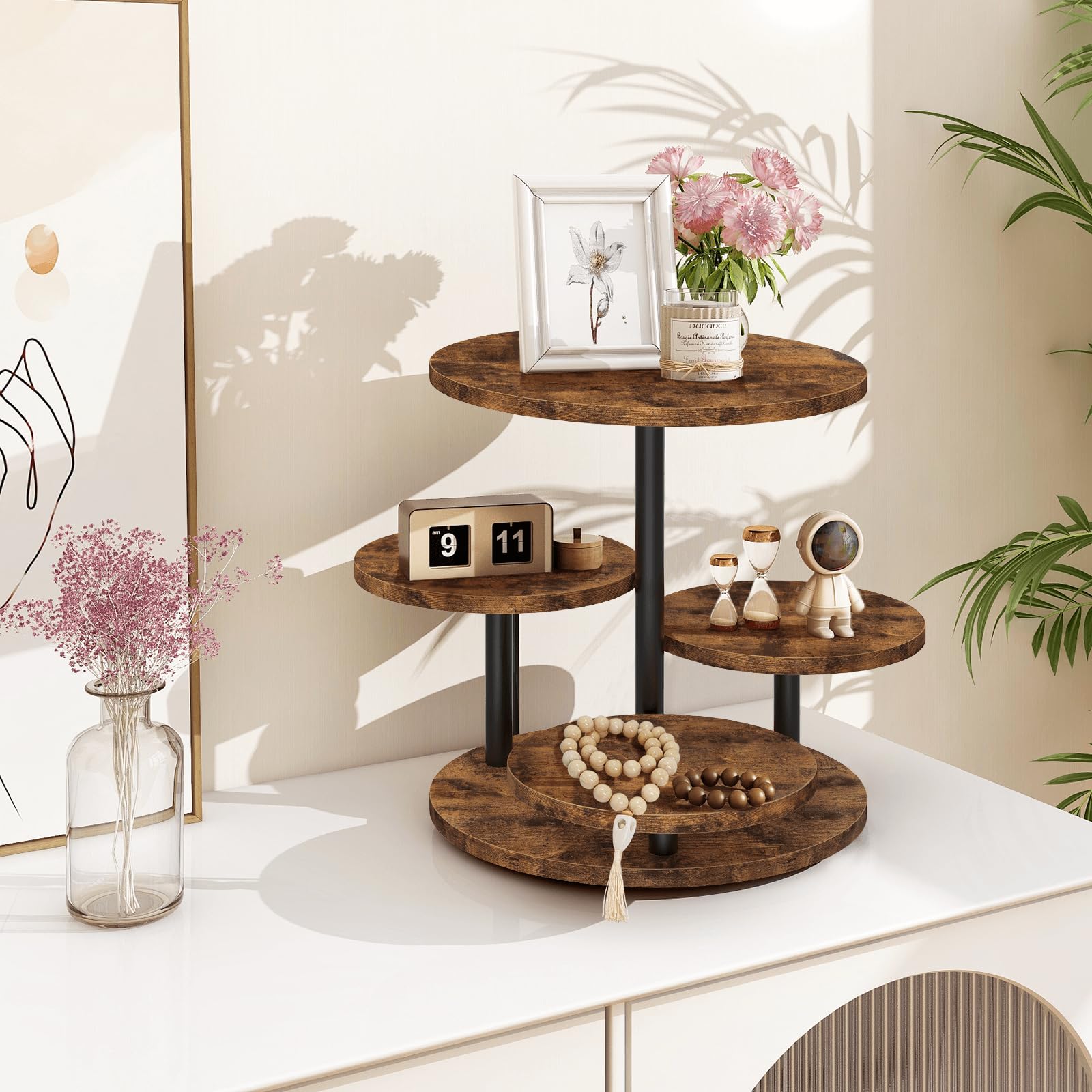 ELITEROO 4 Tier Round Cupcake Tower Stand for 50 Cupcakes, 360° Rotating Wood Cake Stand with Tiered Trays, Farmhouse Cookie Stand for Dessert Table Display for Wedding Birthday Baby Shower Tea Party