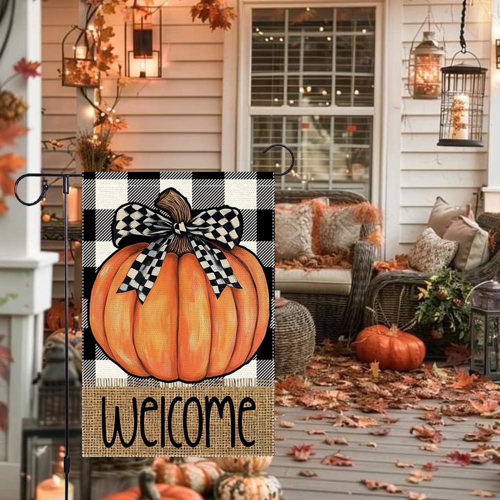 Fall Garden Flag For Outdoor Decor Thanksgiving Garden Flags Autumn Stained Glass Pumpkin Maple Leaf Double Sided Small Burlap Outside Porch Lawn Yard Flags Decorations 12.5x18 Inch