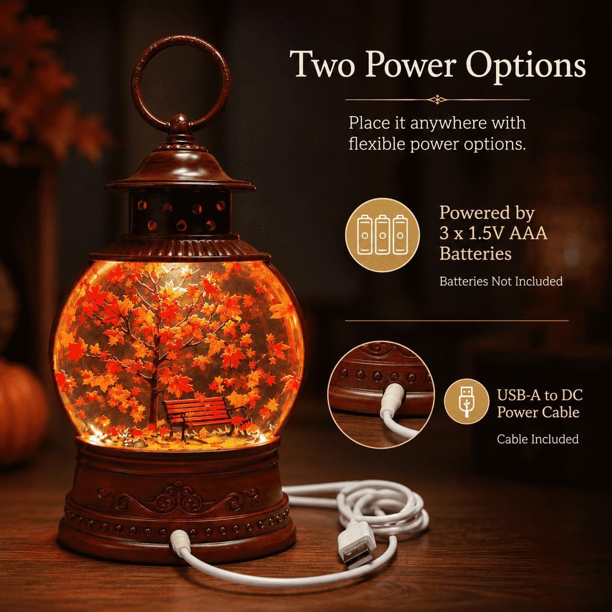Fall Snow Globe Lantern with Swirling Maple Leaves, 9.45 Inch Autumn Water Lantern with 6 Hours Timer, USB & Battery Powered Thanksgiving Tabletop Home Decor