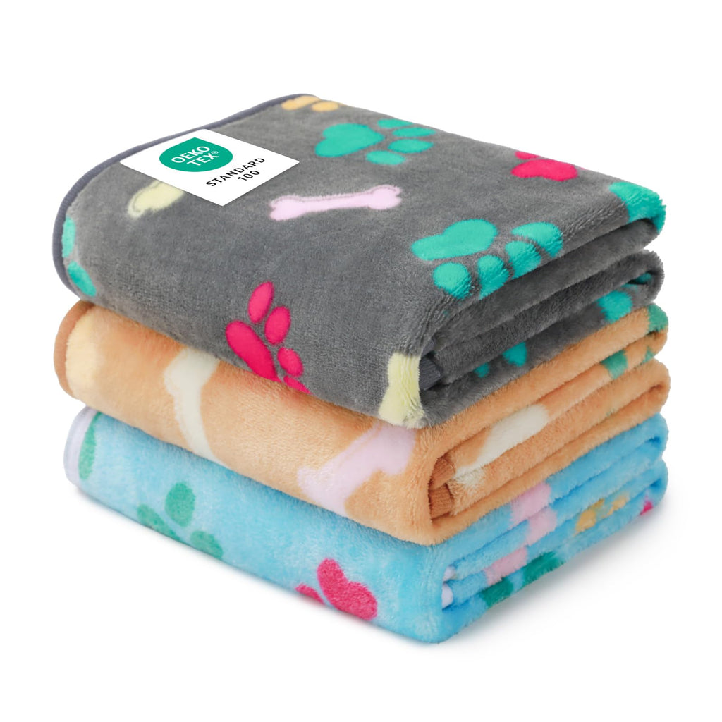 Luciphia 1 Pack 3 Blankets Fluffy Premium Fleece Pet Blanket Flannel Paw Printed Throw for Dog Cat(Small 23x16'', Grey/Brown/Blue)