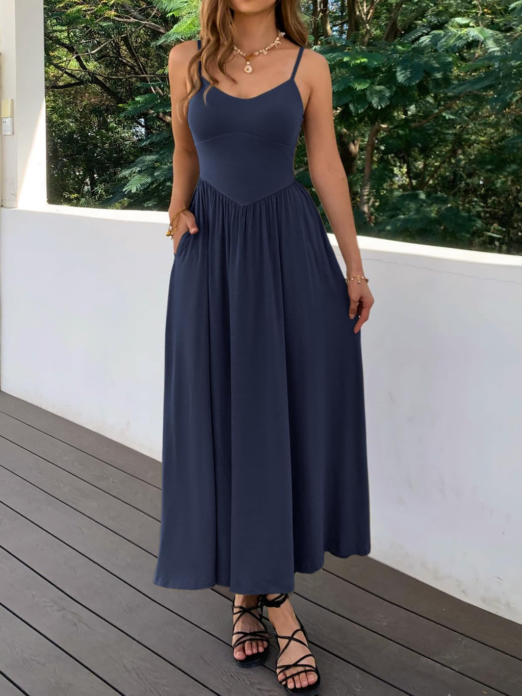 Womens Spaghetti Strap Maxi Dresses Summer Casual Sleeveless A Line Long Flowy Dress with Pockets Beach Sundresses