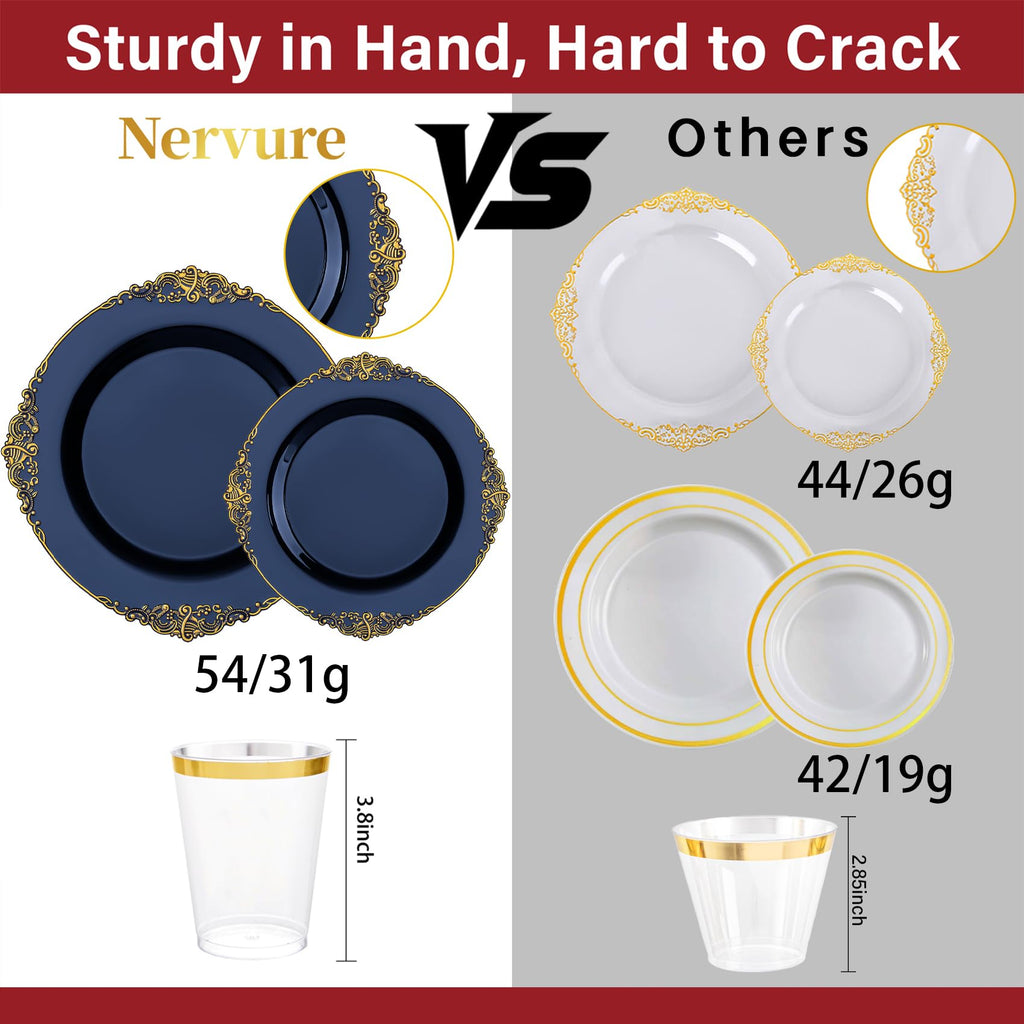 Nervure 175PCS Clear Blue Plastic Plates - Plastic Dinnerware Set Include 25Dinner Plates, 25Dessert Plates, 25Cups, 25Forks, 25Knives, 25Spoons, 25Napkins Perfect for Wedding & Party