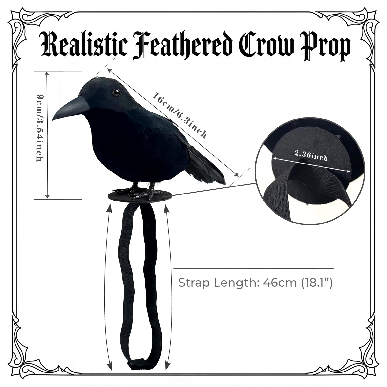 Black Feathered Crow Statue Crow on Shoulder with Elastic Strap for Outdoor Bird Props Halloween Cosplay Party