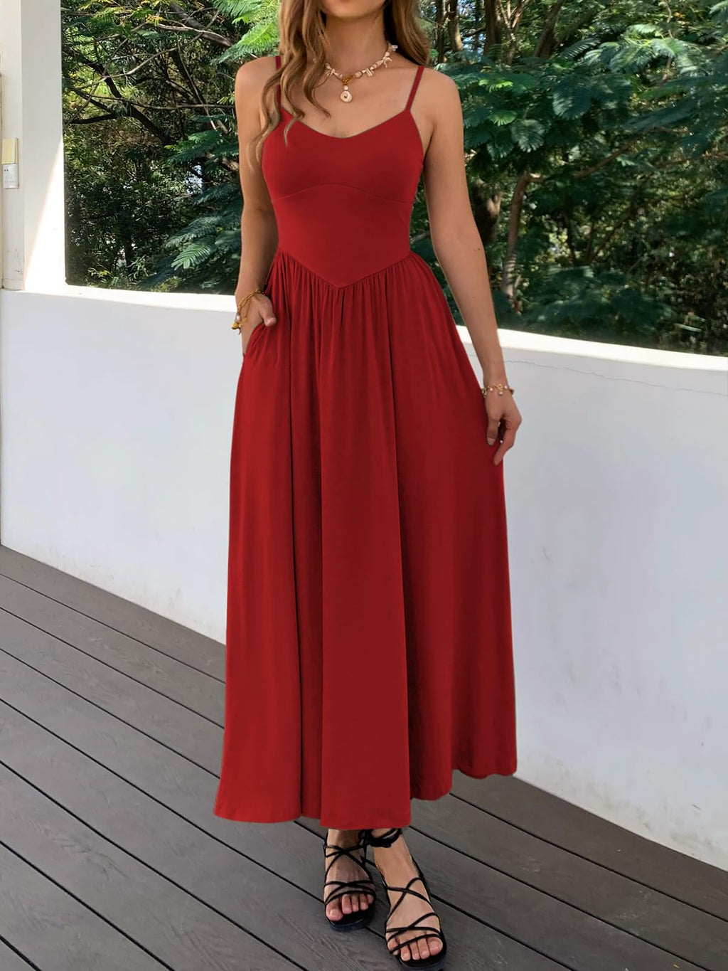 Womens Spaghetti Strap Maxi Dresses Summer Casual Sleeveless A Line Long Flowy Dress with Pockets Beach Sundresses
