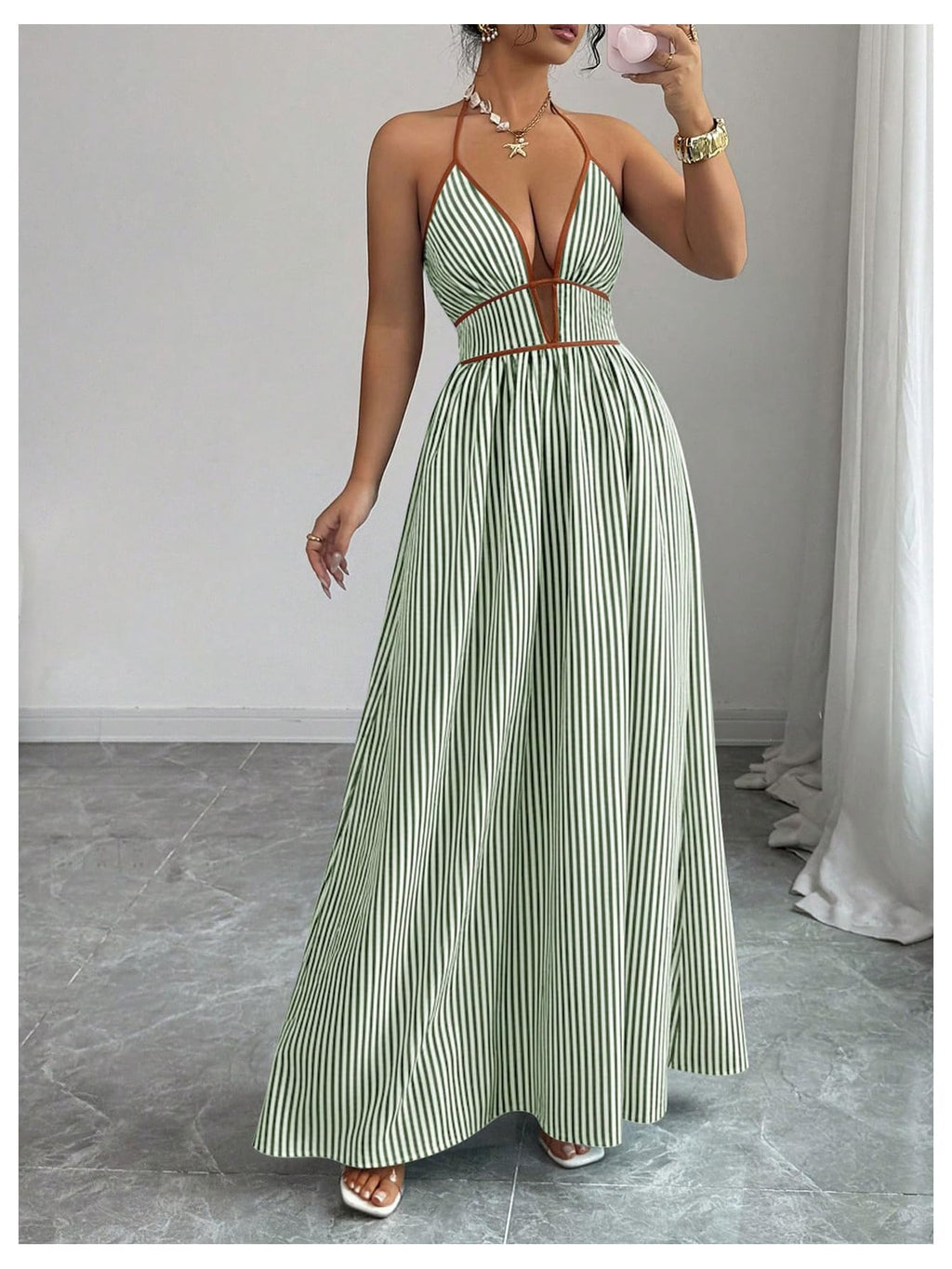 Floerns Women's Striped Halter Maxi Dress Backless Smocked Beach Vacation Boho Dress