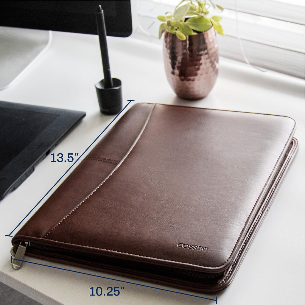Cossini Black Superior Vegan Leather Business Portfolio with Zipper – Padfolio All-in-One. Smartest Protective 10.1 Inch Tablet Sleeve, Presentation Slot, Solar Calculator, Card Storage, Writing Pad