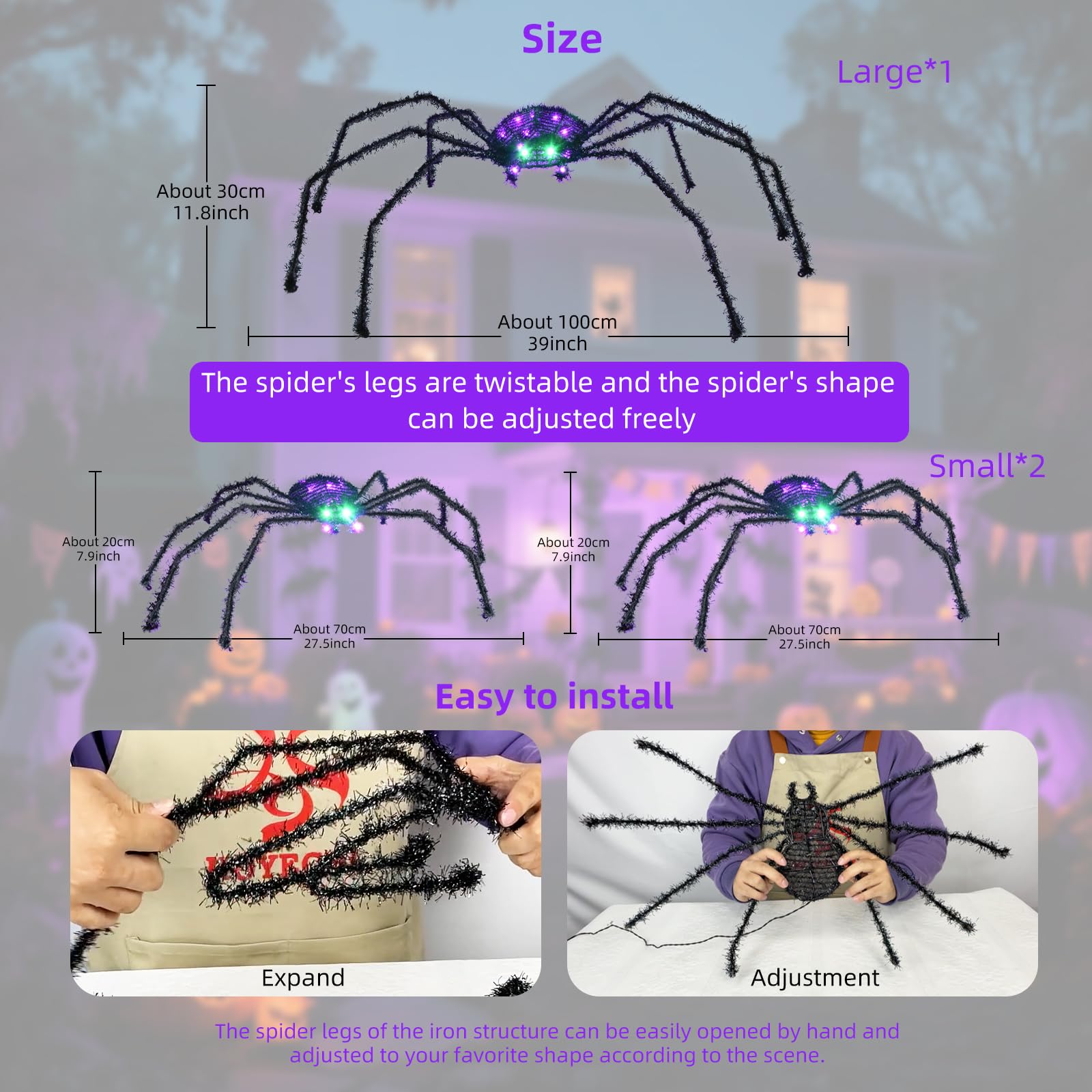 Halloween Decorations Outside Giant Spider - HOYECHI Outdoor Halloween Decor Lighted Spider 4.2FT, Light Up Spider with 90 LED Lights, Ground Stakes, for Front Yard Porch Gardens Lawns Party