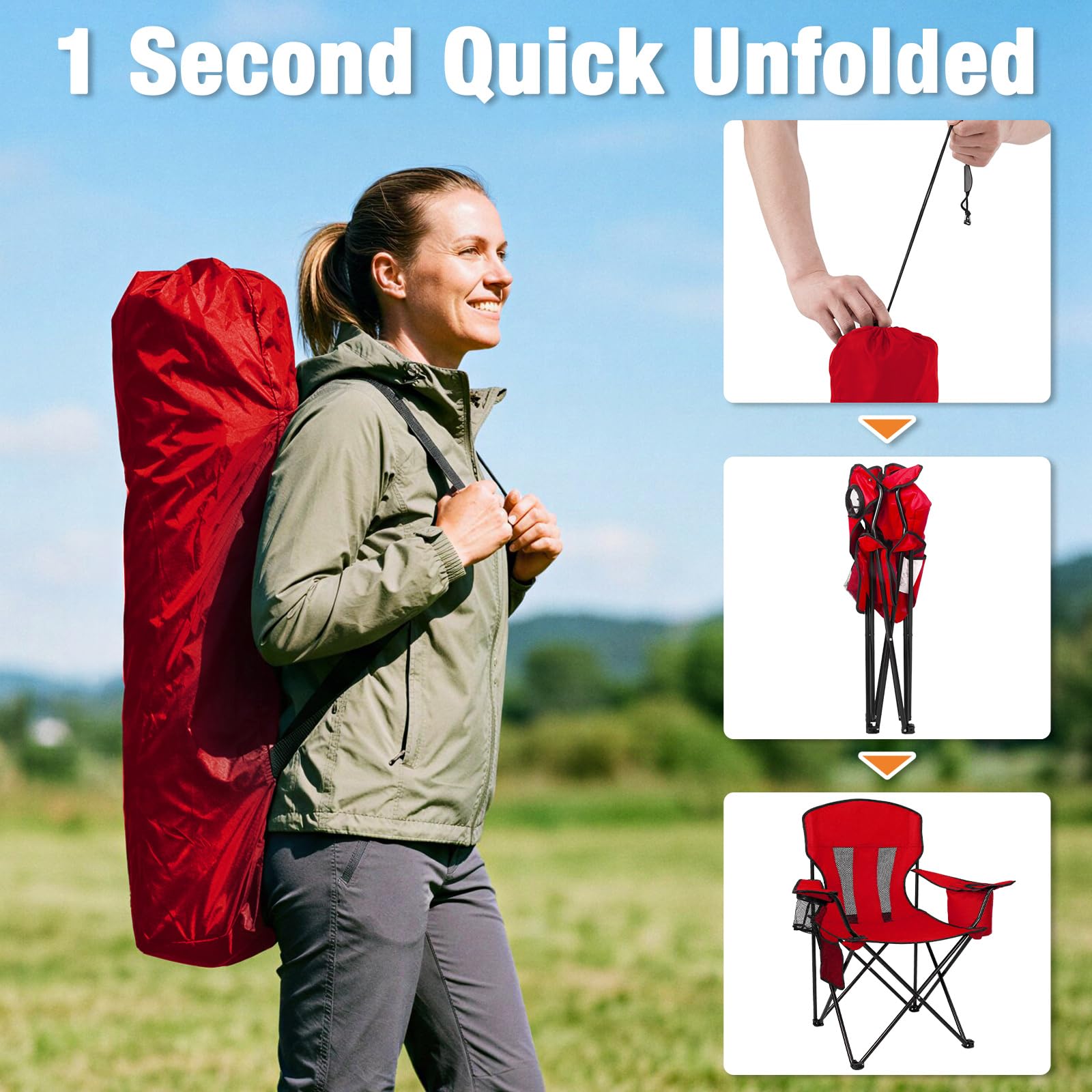 Camping Chairs for Adults 2 Pack, Folding Chair with 4-Can Cooler Bag & Cup Holder, Portable Heavy Duty Outdoor Chair with Mesh Back for Camping, Beach, Lawn, Fishing, Blue