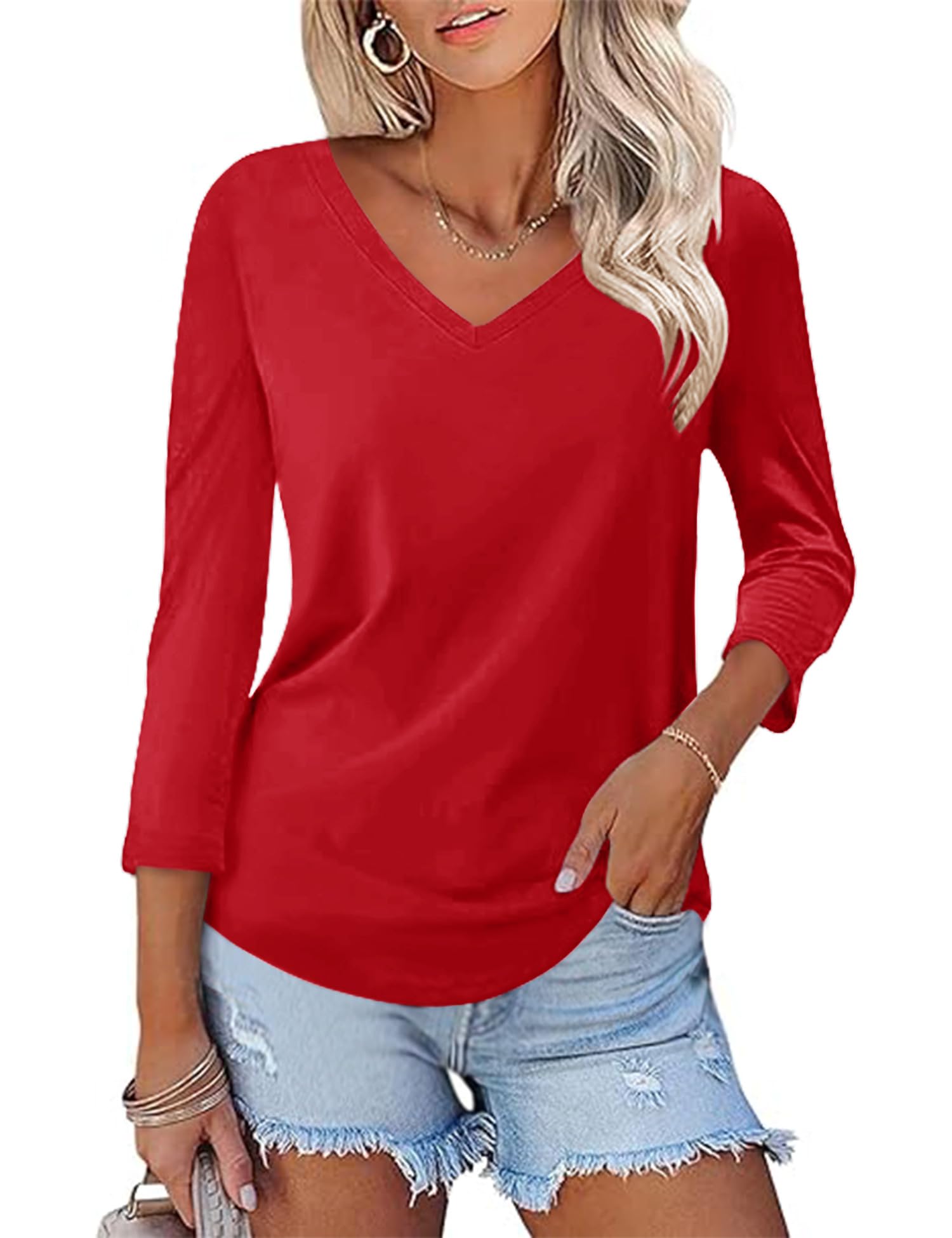 KTILG Women's V Neck T Shirts 3/4 Sleeve Blouse Summer Tops Dressy Casual Solid Basic Tees