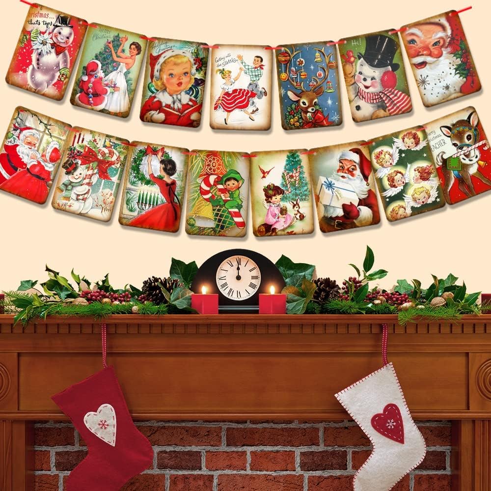 Christmas Decorations Vintage Style Christmas Banner,Traditional Victorian X-mas Bunting, Vintage Style Santa X-mas Decorations Indoor for Home Office Party Fireplace Mantle