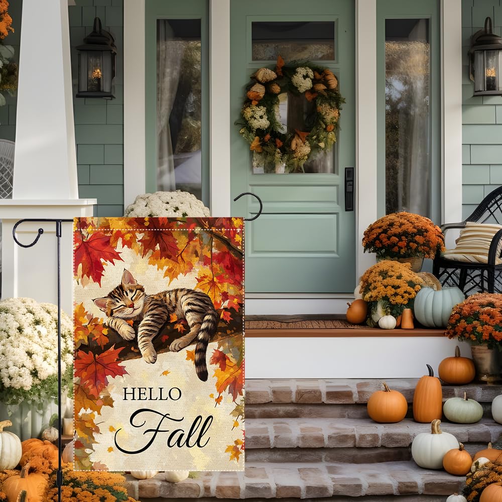 Hello Fall Garden Flag Cat Garden Flags 12x18 Inch Double Sided Vertical Autumn Farmhouse Home Decor Yard Lawn Outdoor Decorations