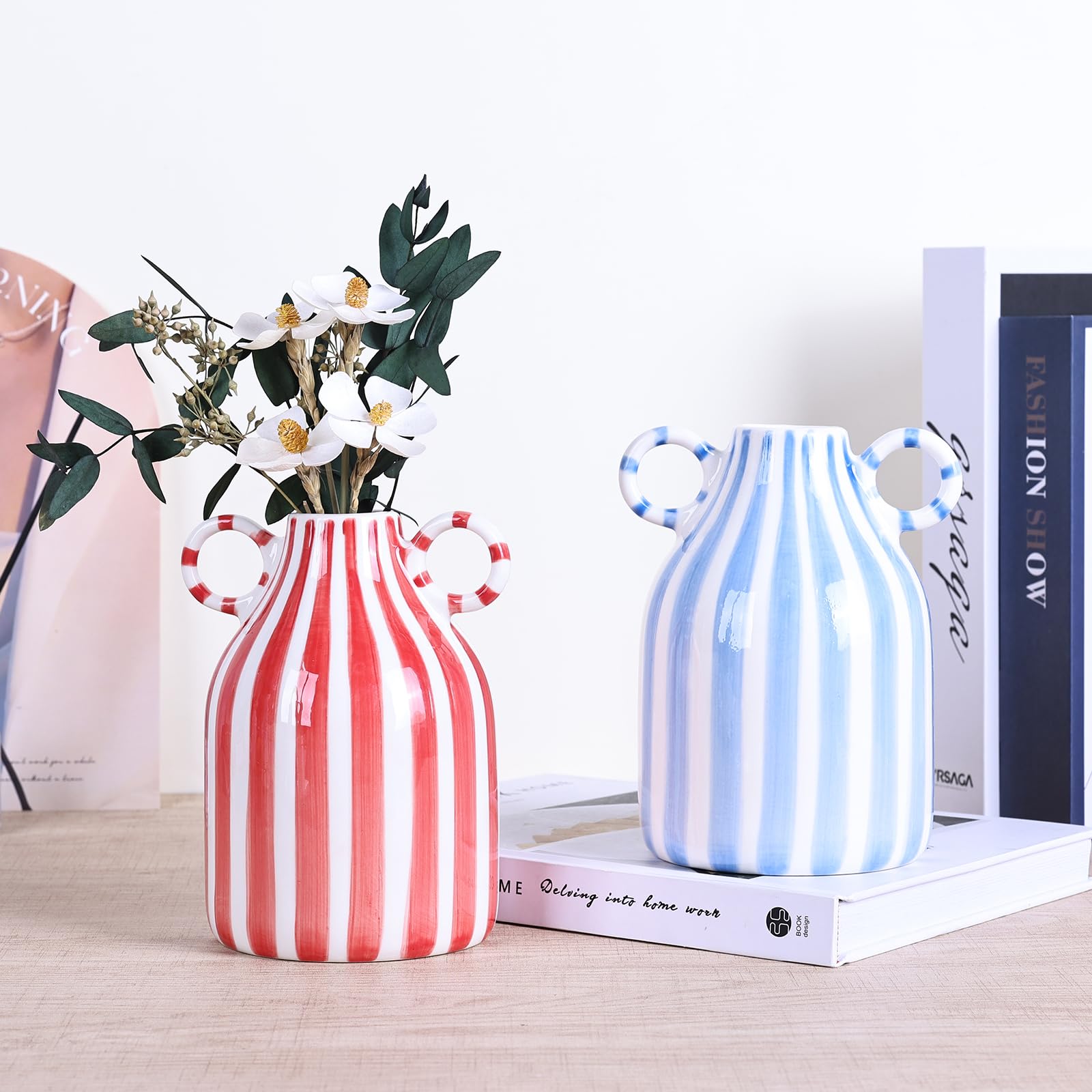 LCCCK Red and White Ceramic Vase, Mid Century Modern Striped Small Vases for Flower&Pampas Grass Centerpiece, Red White Checkered Vase for Dining Table Kitchen Tabletop Minimalist Decorative