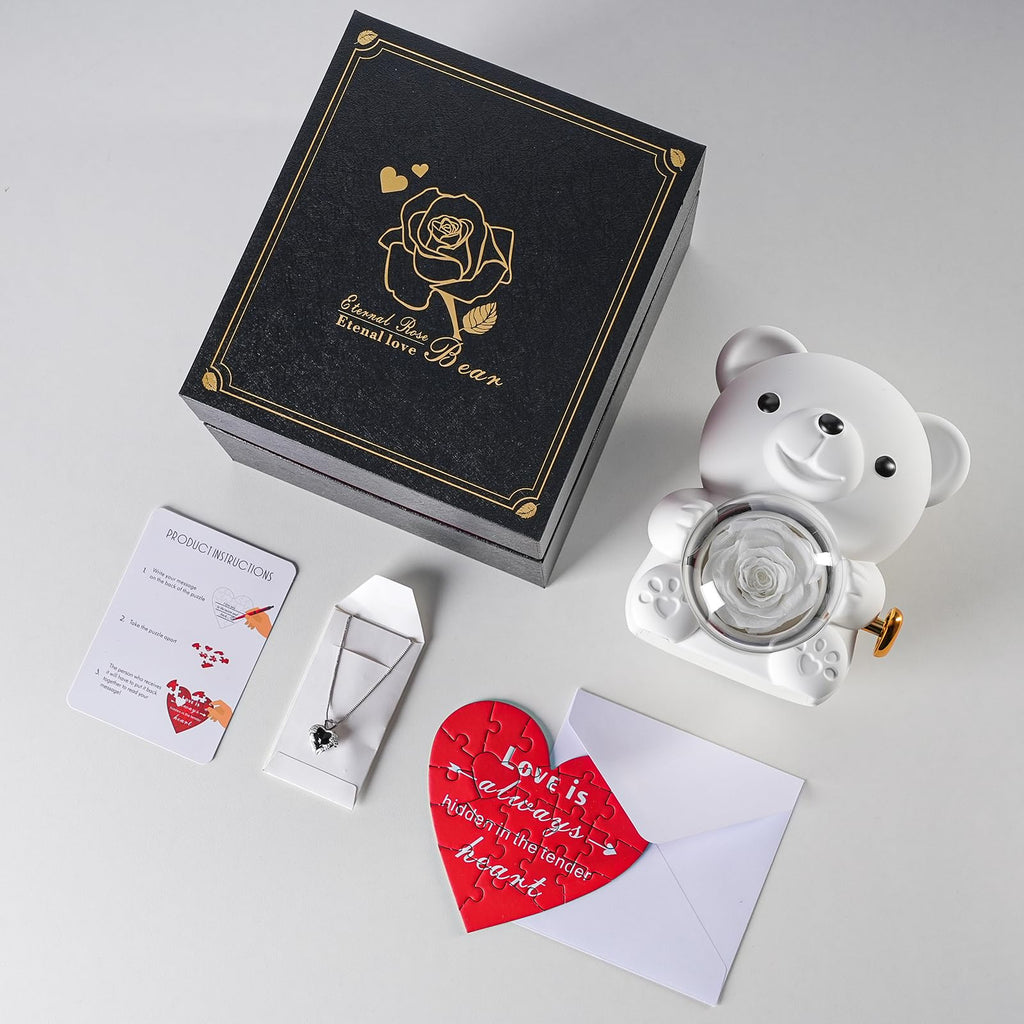 Cute Teddy Bear with Preserved Rose - A Real Rose Flower in Bear with Elegant Gift Box - Romantic Gift for Her in Mother's Day, Weddings, Anniversaries, and Bridal Showers (Red)