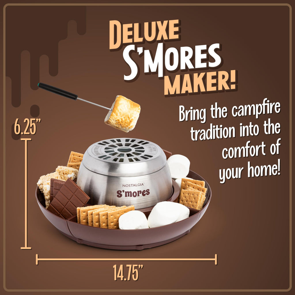 Nostalgia Tabletop Indoor Electric S'mores Maker - Smores Kit With Marshmallow Roasting Sticks and 4 Trays for Graham Crackers, Chocolate, and Marshmallows - Movie Night Supplies - Brown