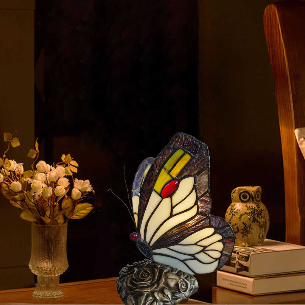 Bedside Table Lamp LED Tiffany Blue Fairy Butterfly Nightstand Table Lamps Stained Glass Shade ON Off Switch Home Office Desk Lamp Night Light Girl Grandma Mothers Day Gifts W/Gift Box